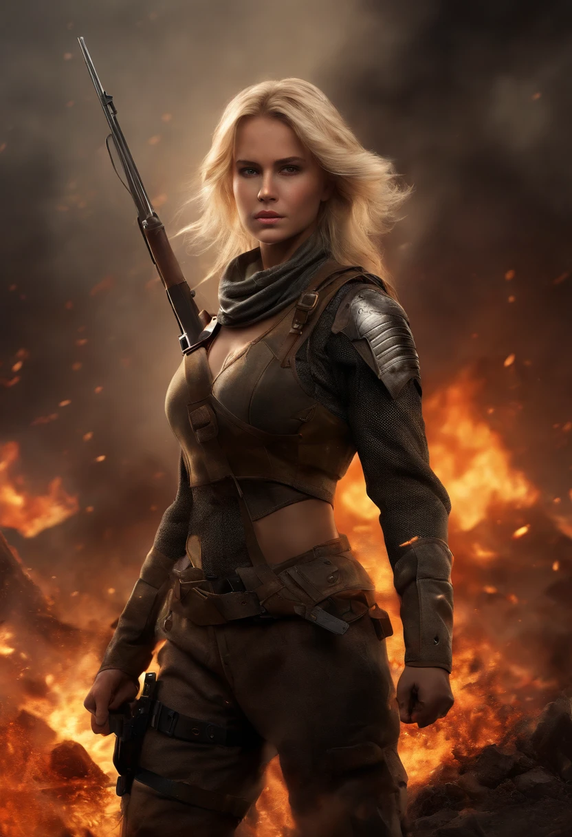 (masterpiece:1.5), (bestquality), (highlydetailed), (ultra-detailed), (1girl:1.2), (full body:1.2), (young girl), (blonde hair), (weapon in hand), (war battle scene), (bloody atmosphere), (smoke), (fire), (corpses), (chaotic background), (explosions), (torn clothing), (determined expression), (sweat and dirt), (injured), (dynamic pose), (broken armor), (burnt landscape), (fighting stance), (smoldering debris), (flames:1.3), (battle cries), (sounds of war:1.1)