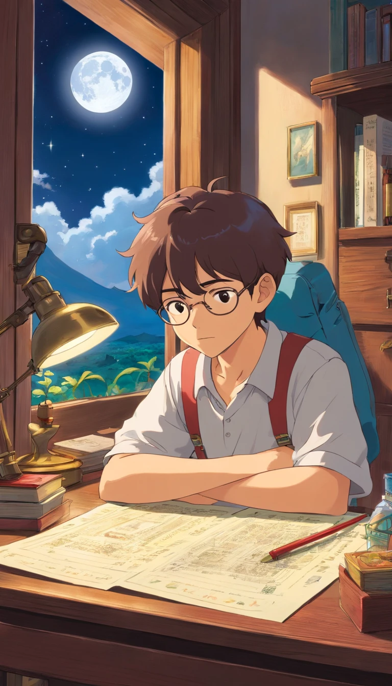 1boys，I was tired and fell asleep on my desk，There was a moon outside the window