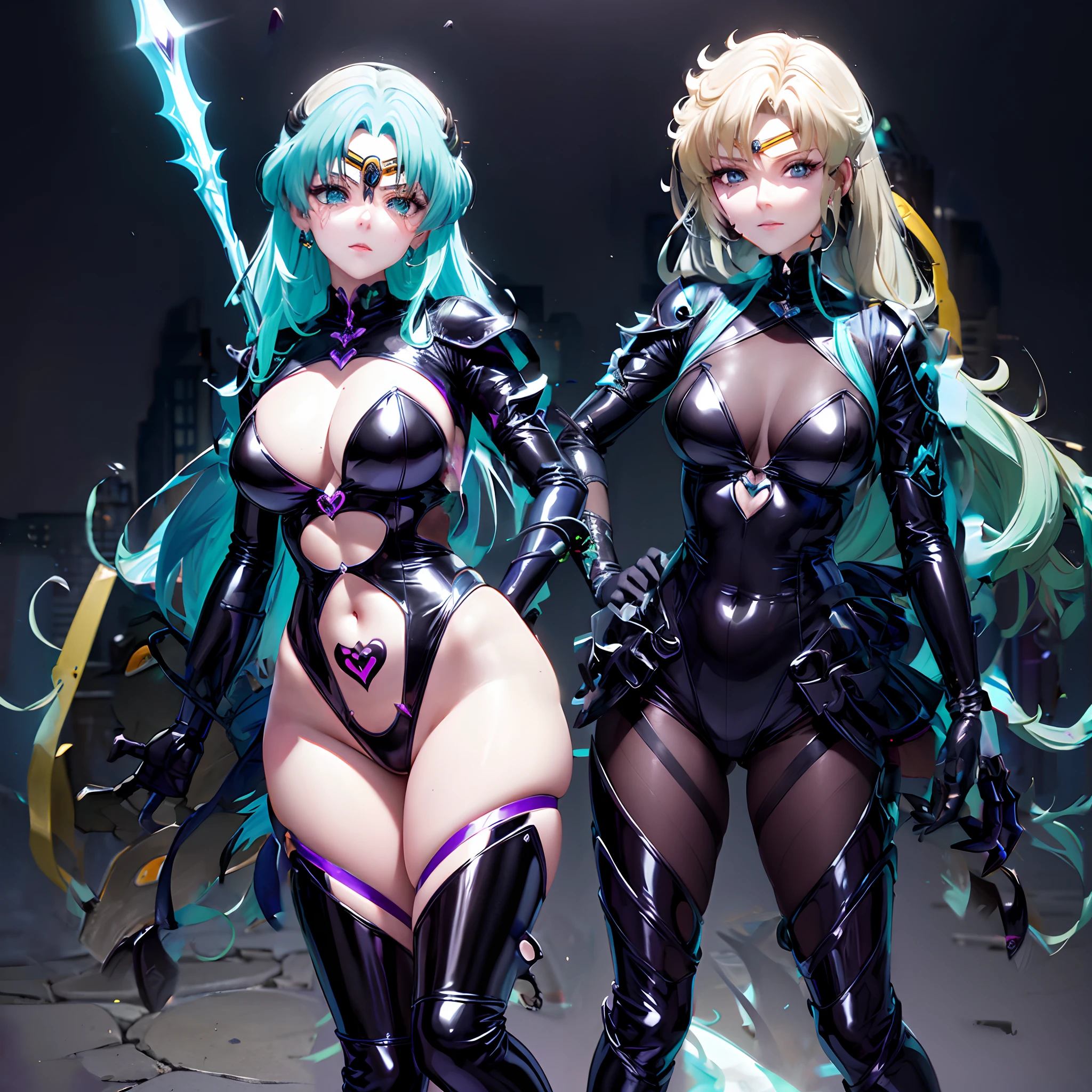 Sailor Uranus and Sailor Neptune。Evil stained figure。Black costume。The sheen。The tattoo。