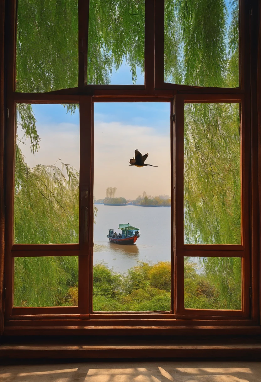 Two orioles chirping green willows,A line of egrets on the blue sky。 The window contains Xiling Thousand Autumn Snow,The door is moored to the East Wu Wanli ship。