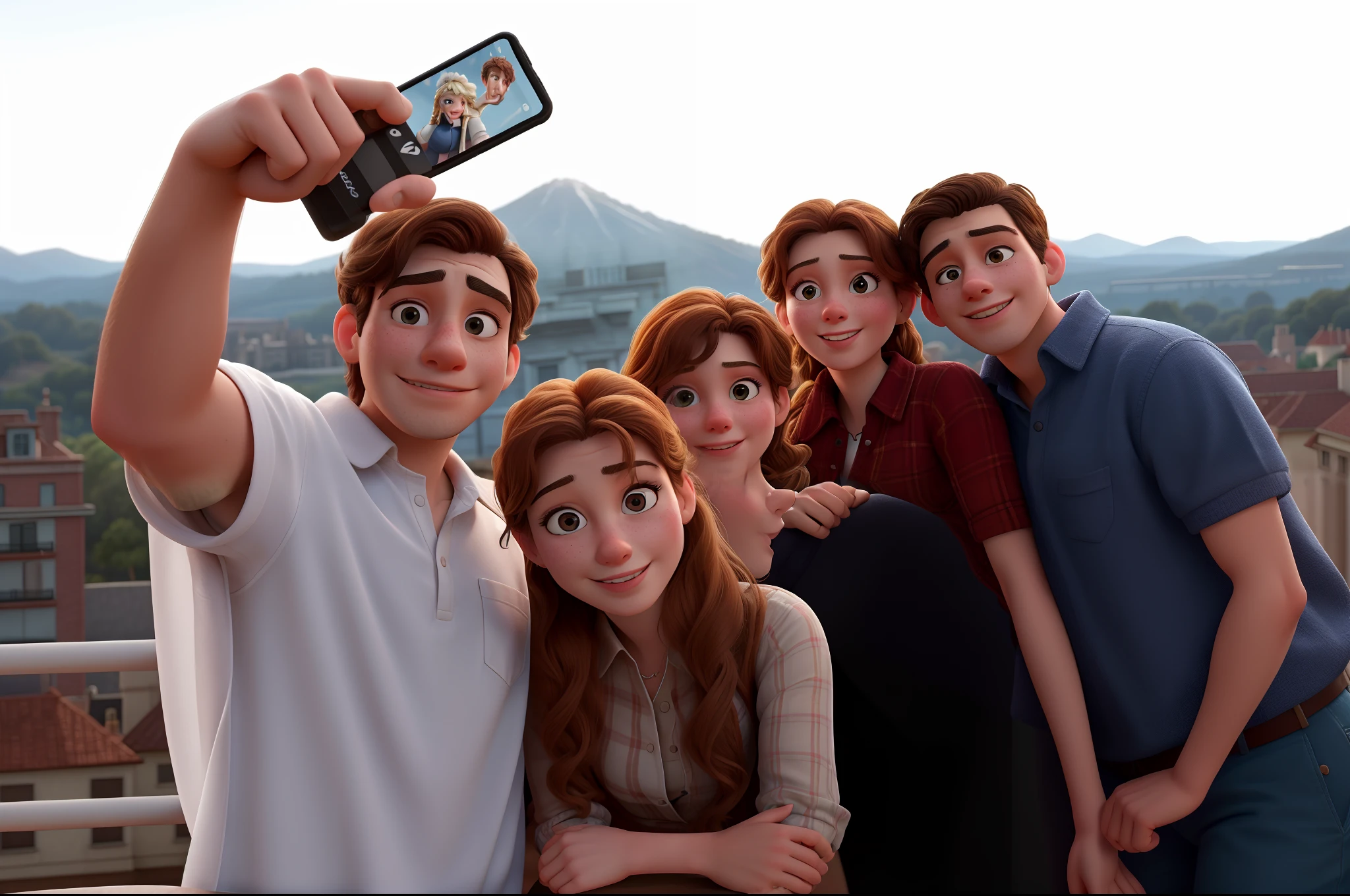 HD, (Best Detail), (Best Quality), Disney, Five people taking pictures on the balcony, three women, two men, everyone having a good time, Ultra HD, Retina, Masterpiece, Super Detail, Award-winning, Most Best quality, high resolution, high quality, 1080P, HD,