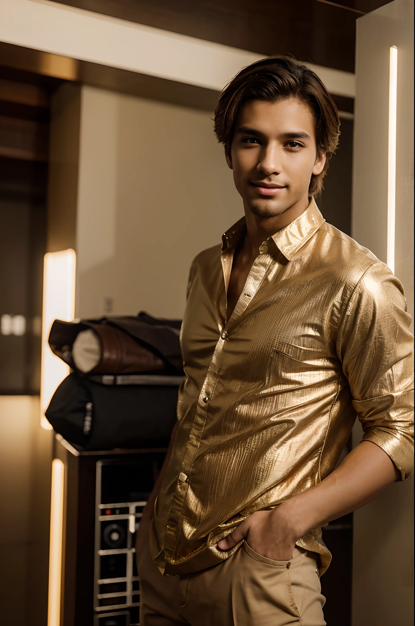 Cinematic soft lighting illuminates a handsome young Brazilian male model with stunning and ultra-realistic details,Full-length photo of the front,beautiful look,Disheveled short brown hair,Clear Honey Eyes,Perfect Charming Smile,Sexually Created,Hot Man,Insanely beautiful,This is the ArtStation trend。Octane is the perfect tool to capture the finest details of this 16-carat photographic masterpiece。