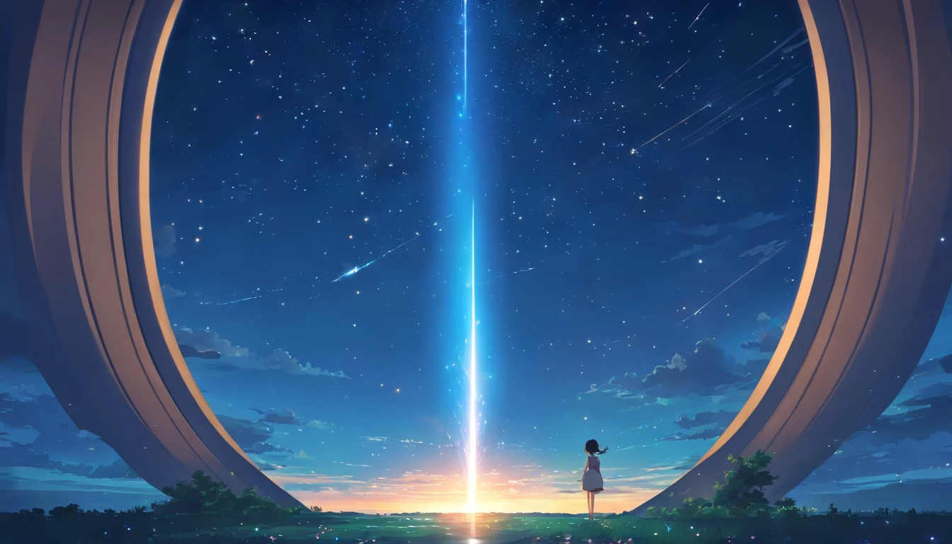 A pillar of light with stars gathered in the night sky falls on an empty horizon,Cross the sky from the bottom up,luz brilhante