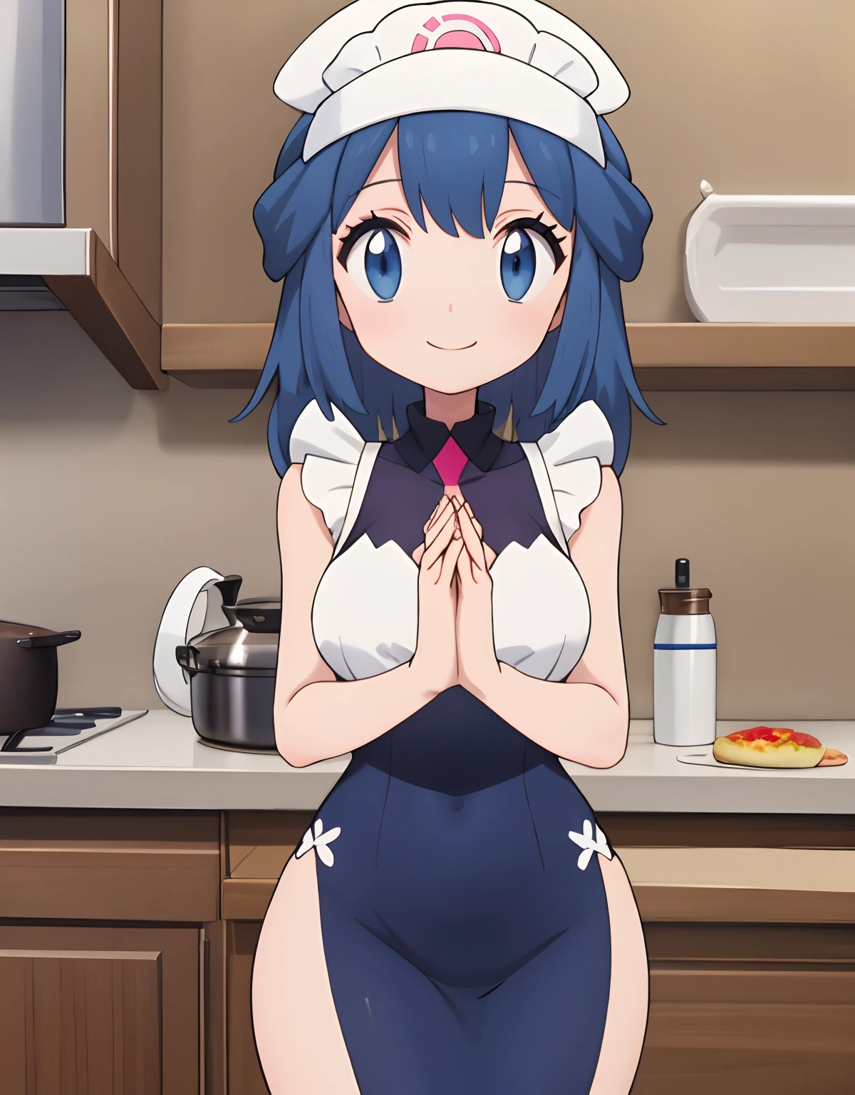 Chic quality, 1 girl, Aqua Konosuba, hair blue, Breasts huge, middle of the thighs, (white apron、naked-apron)