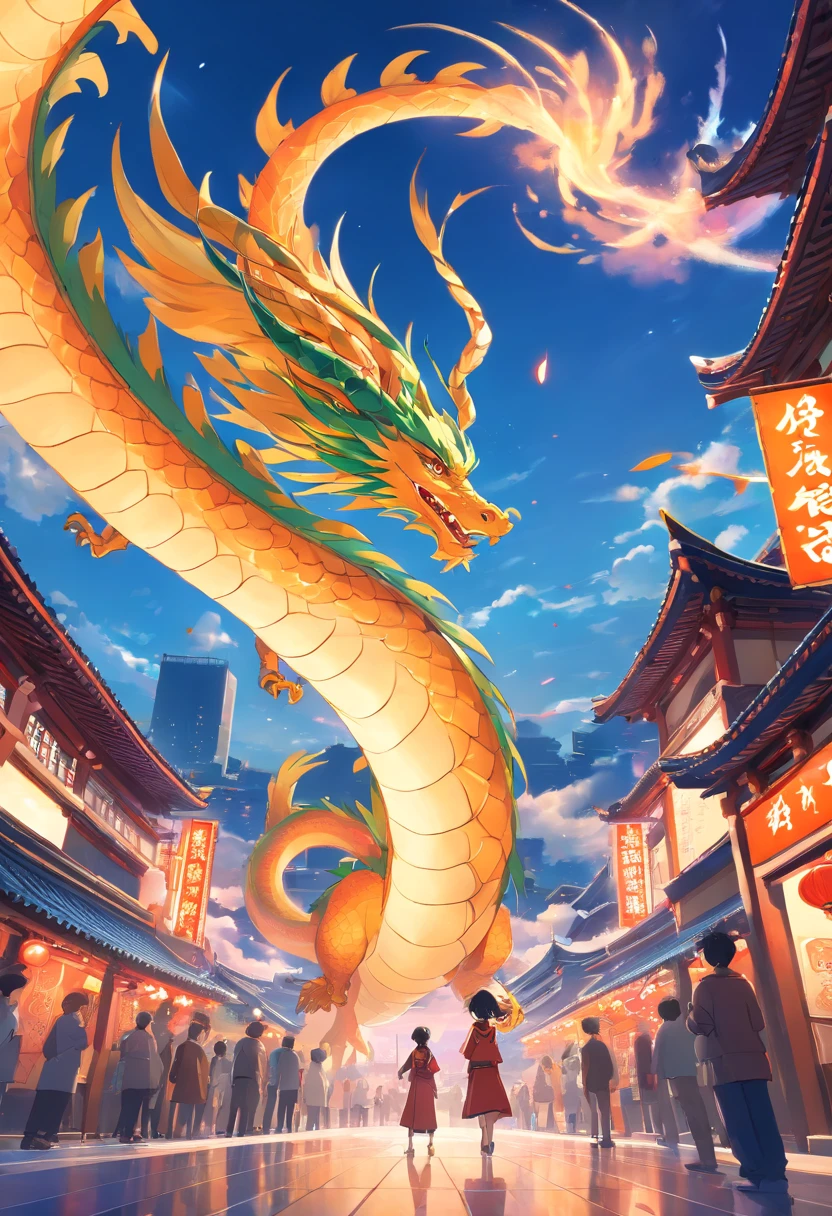 Chinese style elements,Oriental dragon image, Dragons give blessings to people,The dragon is praying,Soaring skies, Lights everywhere are colorful, and they are happy, (High contrast), (Age of fantasy worlds), People are happily shopping, The atmosphere of the Spring Festival, (Ray tracing, Global illumination), (Masterpiece:1.4), (vibrant:1.2), Cinematic, iintricate,detail-rich, (Ultra-detailed CG unity 8k wallpaper)