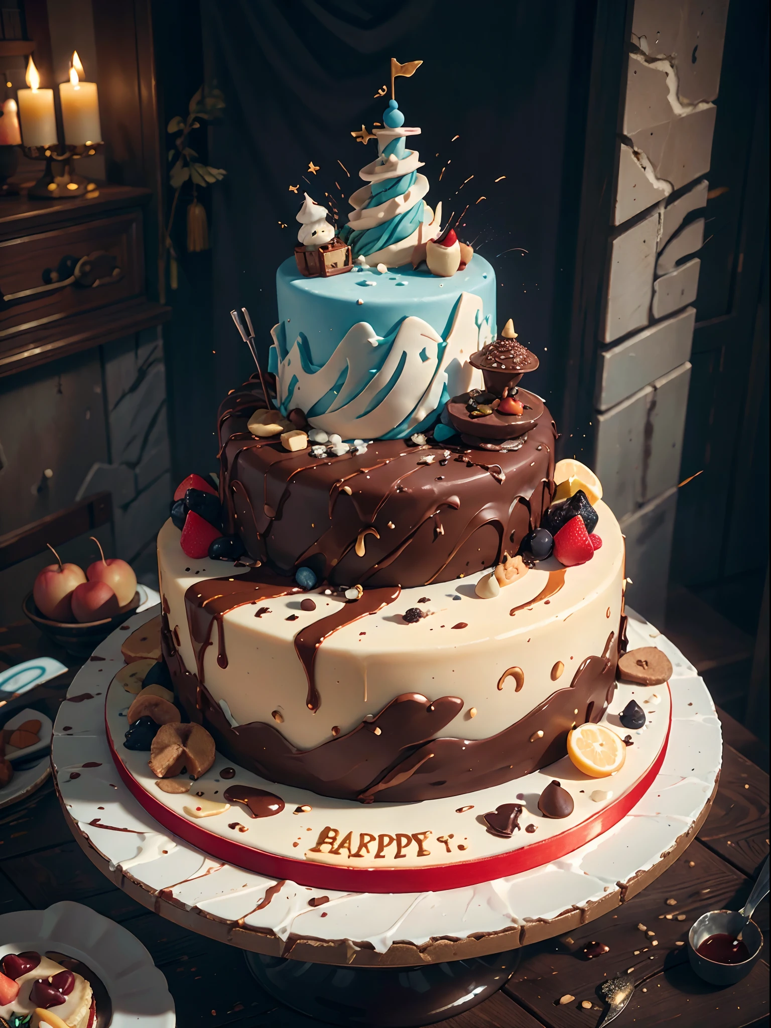 Fondant cake with the theme of the Book of Mountains and Seas，Mountains and seas are on the cake，（Chinese mythology-themed cake）the fruits , Chocolate chips, Cupcakes, Caramel syrup, apples,warm color，Very detailed，Works of masters，cream，Very high pixels，8K，of a real，Realistic