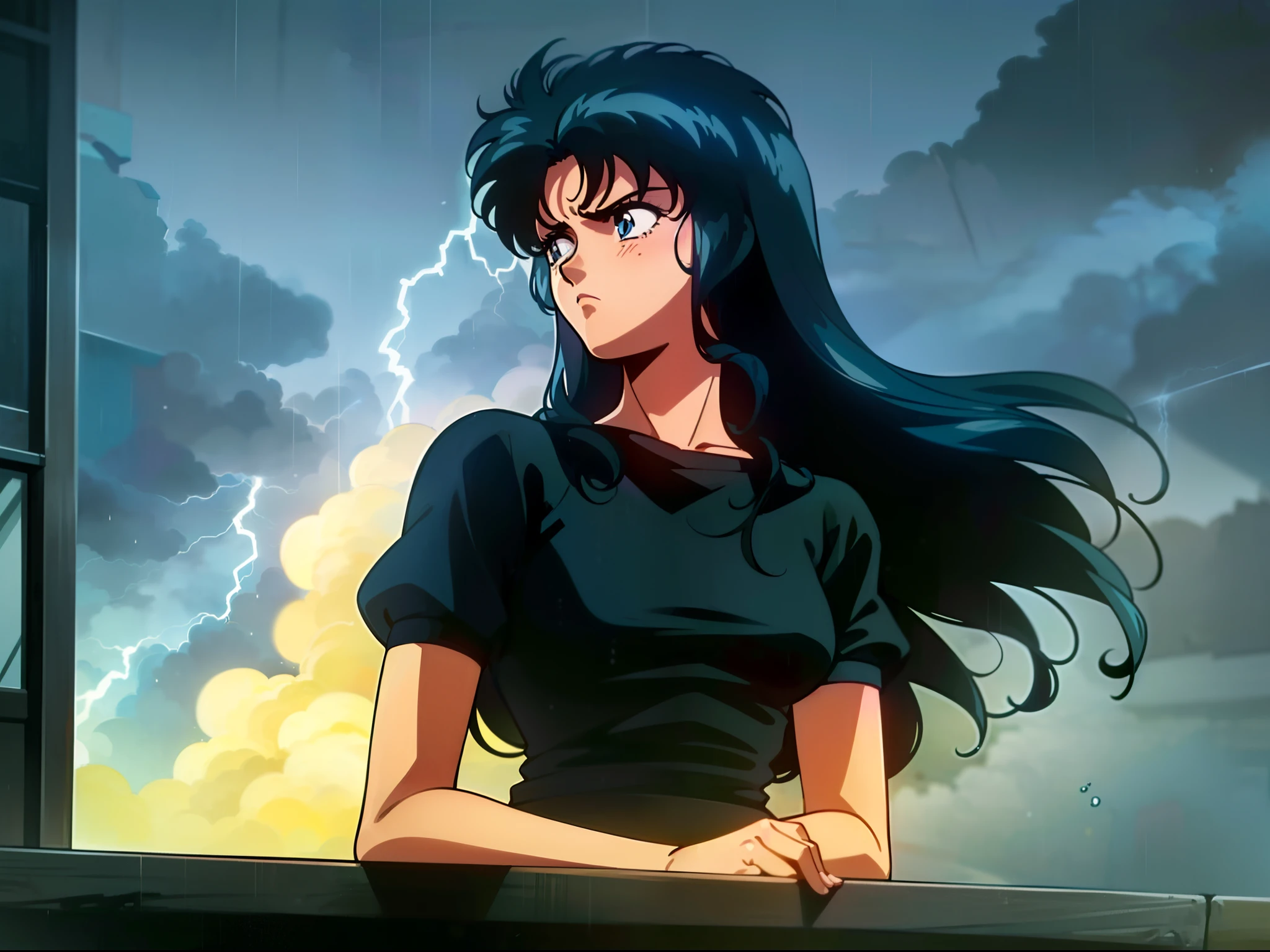 (1 girl)),((solo)),((sad expression: 1.0)),((sad girl)),((black t shirt)),((black hair)),((long hair)),((side pose)),((fair skin)),((highly detailed)),((looking down from balcony)),((raining)),((lightning)),((cinematic lighting)),((dark hour)),((80s anime)),((retro)),((best quality)),((masterpiece))
