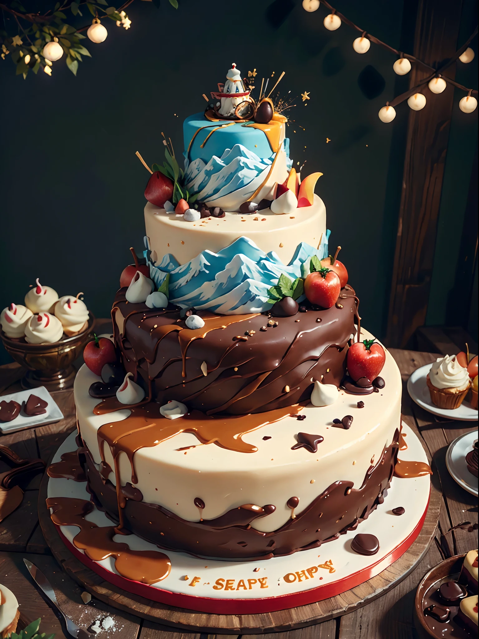 Fondant cake with the theme of the Book of Mountains and Seas,Mountains and seas are on the cake,(Chinese mythology-themed cake)the fruits , Chocolate chips, Cupcakes, Caramel syrup, apples,warm color,Very detailed,Works of masters,cream,Very high pixels,8K,of a real,Realistic
