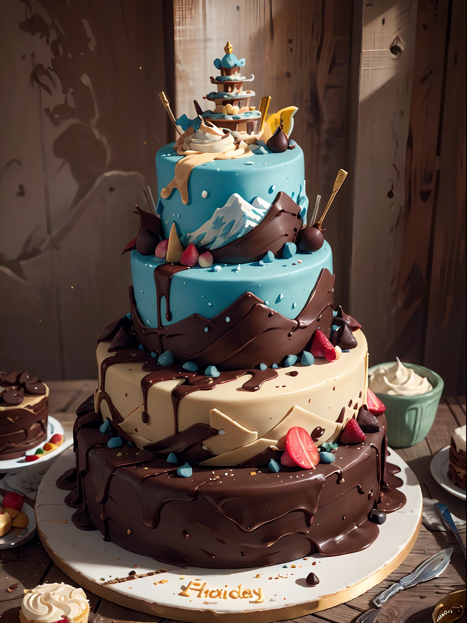 Fondant cake with the theme of the Book of Mountains and Seas，Mountains and seas are on the cake，（Chinese mythology-themed cake）the fruits , Chocolate chips, Cupcakes, Caramel syrup, apples,warm color，Very detailed，Works of masters，cream，Very high pixels，8K，of a real，Realistic