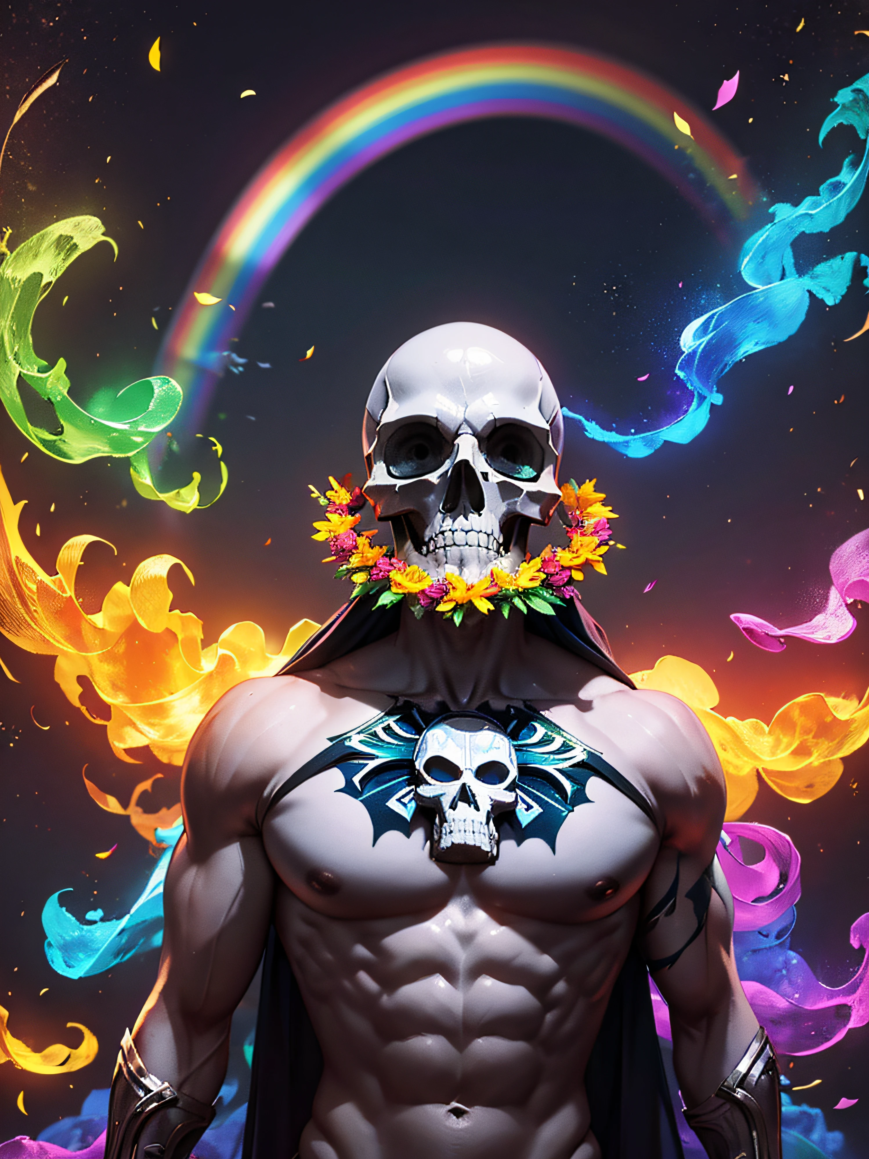 Pixel classificado，Superhero skull，arte sangrenta，flying petal，Pintura do esqueleto polido do metal do homem no fundo preto,A rainbow wraps around the skull，Formar estruturas diferentes， breathtaking rendering, Magical Rainbow Elements,Splendid combination of round rainbow，Circular composition，sozinho