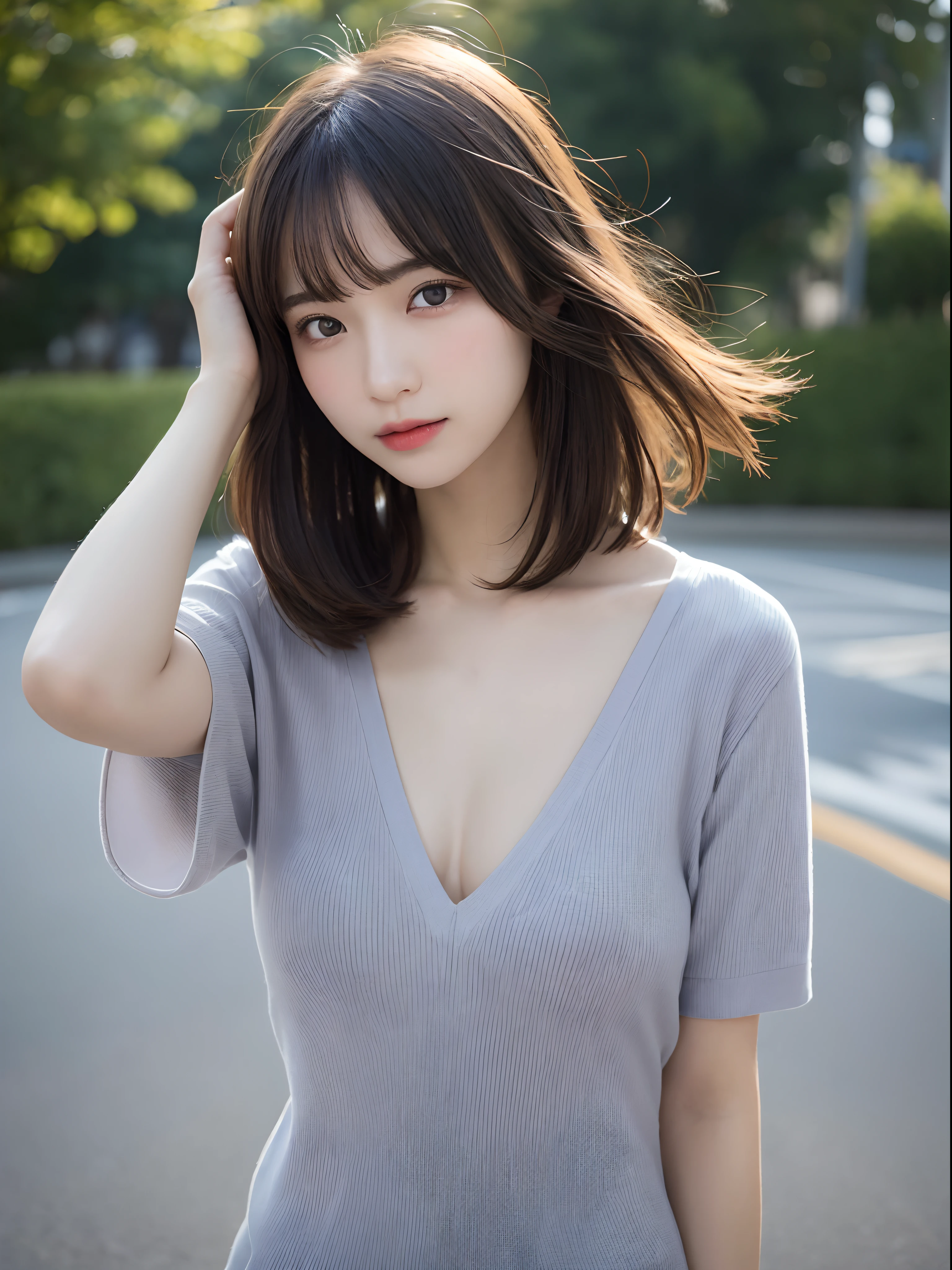 Detailed details,、hight resolution、hightquality、Perfect dynamic composition、Beautiful detailed eyes、short-hair、Small breasts、Natural Color Lip、Kamimei、Shibuya、20 years girl、1 persons、Transparent skin、Glowing hair、masutepiece、Best Quality、finely detail、hight resolution、8K、The correct state of the human body、randome pose、Gravure Model Pose、Hair soaring in the wind