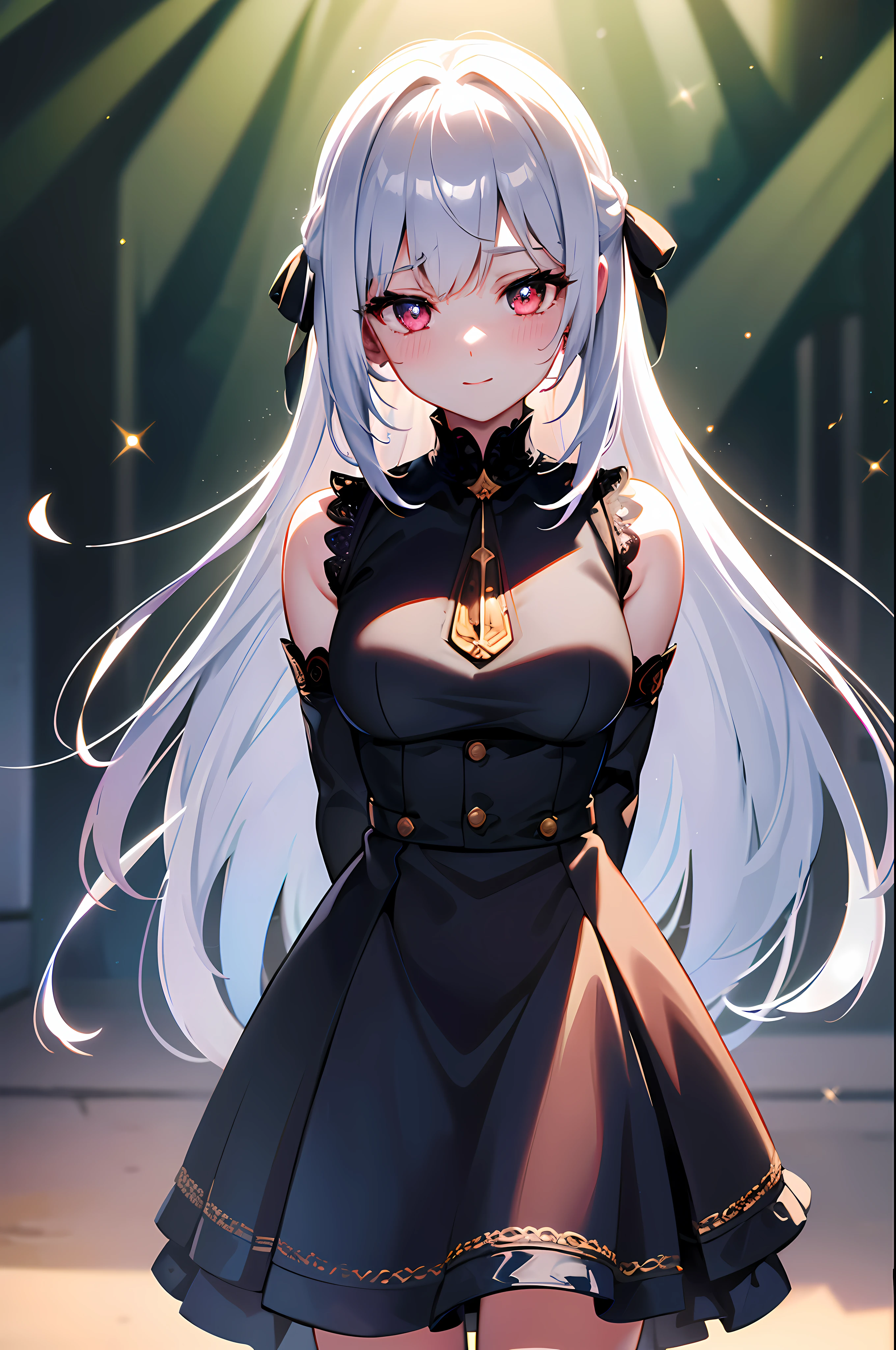16k, 8k, 4K, HD, 1080P, highres,((best quality)),high resolution, award winning, high quality, high details, super detail, textured skin, anatomically correct, ccurate,((masterpiece)), UHD, retina,extremely detailed wallpaper,vivid colors,professional, ultra-detailed,
cinematic lighting, studio lighting,sun rays, sparkle, god rays, glowing light, ray tracing, reflection light, bloom, film grain, drop shadow,detailed light,detailed hair,detailed hand,
beautiful
eyes,(beautiful detailed eyes),(beautiful round iris),(perfect anatomy),expressive eyes,
happy,light smile,blushing,
(cowboy shot),
anime,anime style,op art,
(1girl),(stunning and charming cute pretty young girl),(cute),((medium breasts)),long hair,white hair,(shiny hair),(hair between eyes),(dark red eyes),((wearing a black dress with details,black medium skirt,black sleeves)),(hair ribbon),(((standing : 1.2))),(((arms behind back : 1.3))),((scenery: 1.3)),(detailed forest background),