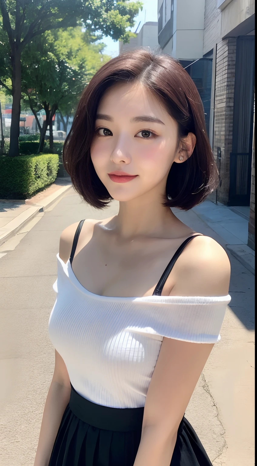 ((Realistic lighting, Best quality, 8K, Masterpiece:1.3)), Focus:1.2, 1girl, Perfect Figure:1.4, Slim Abs:1.1, ((Dark Brown Hair)), (White Crop Top: 1.4), (Outdoor, Seaside: 1.1), City Street, Super Fine Face, Fine Eyes, Double Eyelids,