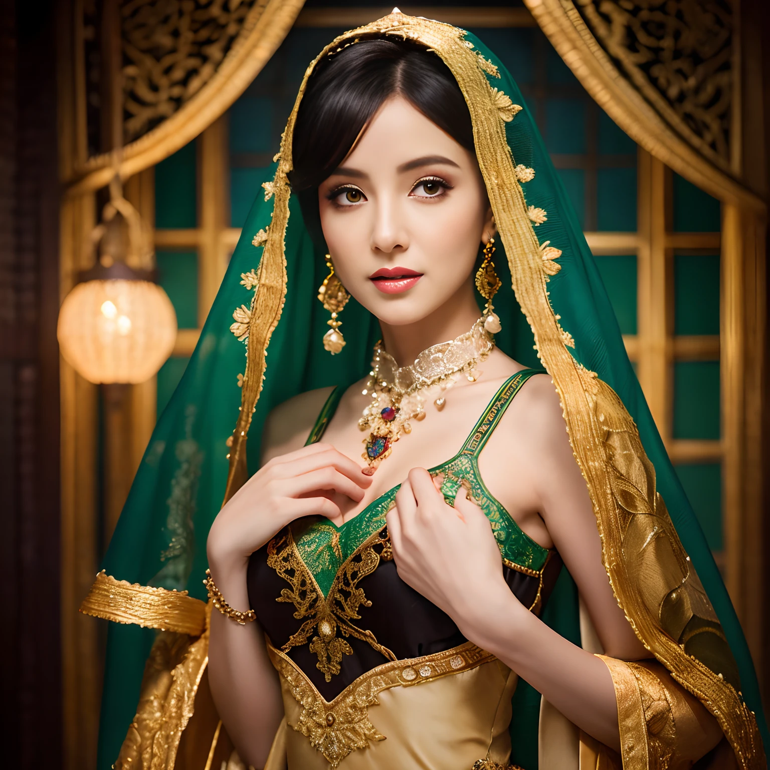 Scheherazade is a legendary character "One Thousand and One Nights", Girl of amazing beauty. She is a symbol of feminine cunning, Cunning seductress. Beautiful almond-shaped eyes, chiffon, tulle, veil, richly decorated with precious embroidery, Haute Couture bedroom, Anime-style concept art, hair ornaments, necklace, bellybutton, Dress of the Sultan's Concubine, aerial, delicate detail, Foam constructions made of chiffon and lace, Red, black, a gold, Mature woman looking at viewer, Seductive coquette, Late Evening Colors, Solar Sparks, Details in fairytale Arabian style, Aesthetically pleasing, Beautiful, Realistic, Professional photo, High Resolution, high detail, Hyper-realistic portraits, 32K UHD, Majestic figures, medieval style
