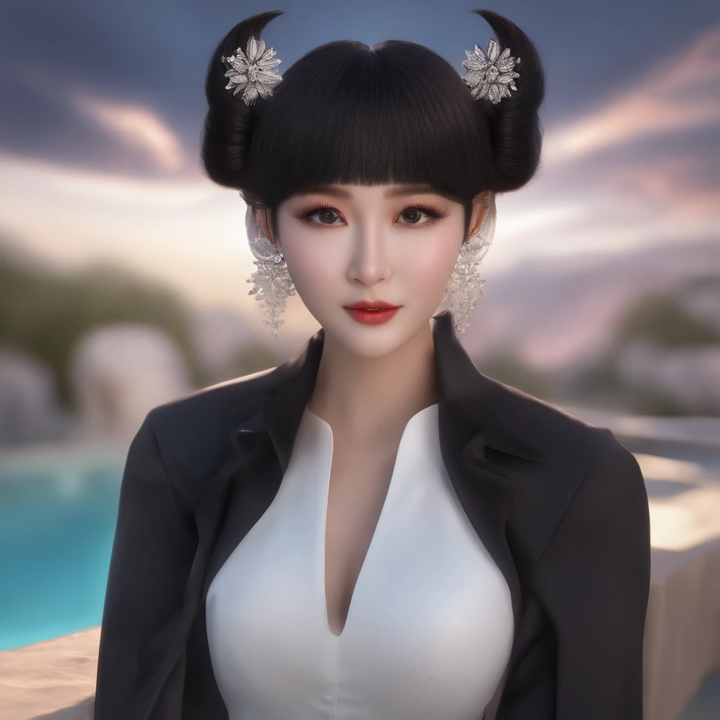 black hair, hair bobbles, wince, longeyelashes, solid circle eyes, fake animal ears, light smile, ear blush, fang, Surrealism, drop shadow, anaglyph, stereogram, tachi-e, pov, atmospheric perspective, 8k, super detail, ccurate, best quality