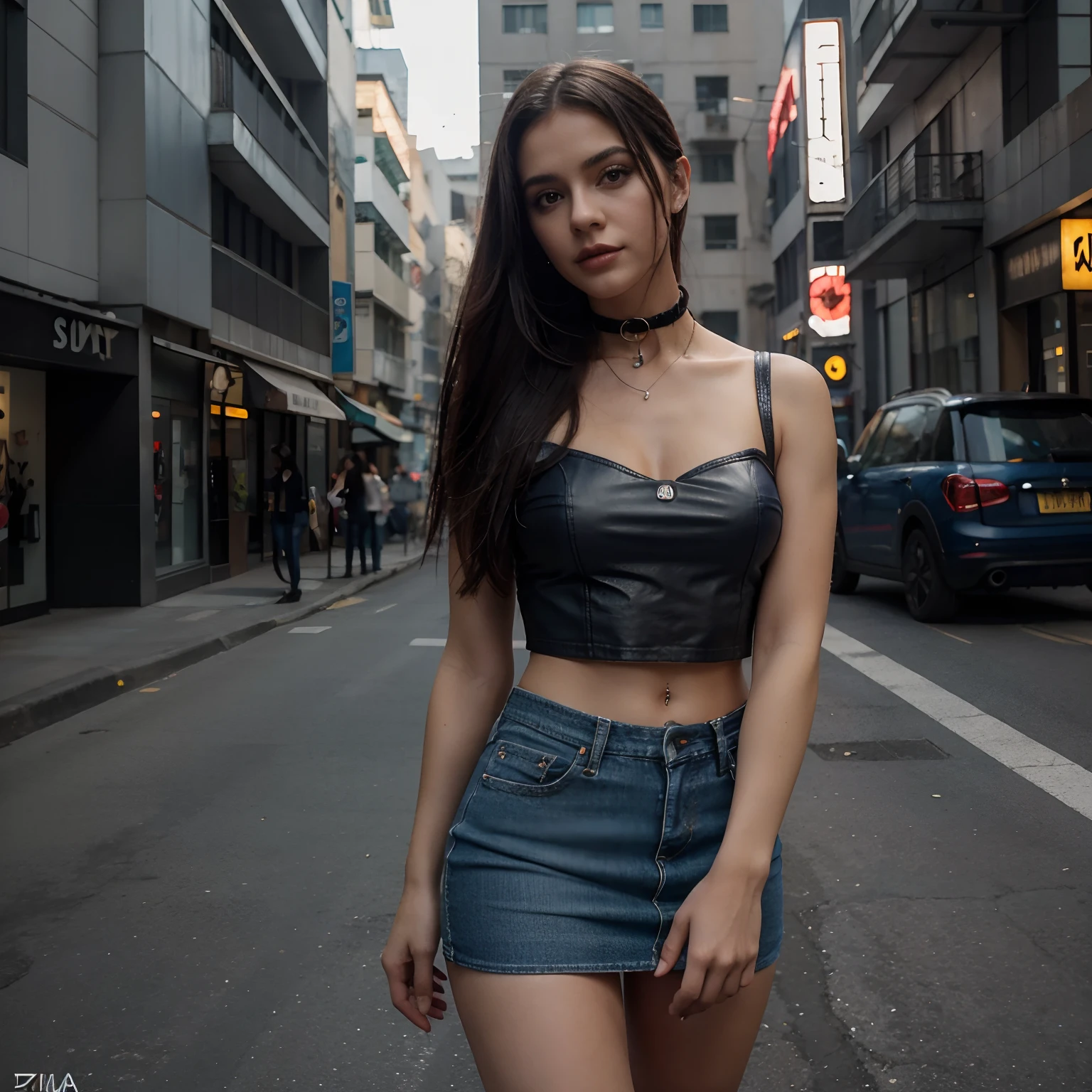Garota loira de 19 anos, nua, nsfw, muito bonita, athletic, cabelos loiros, olhos azuis, red-lips, franja, usando short denim skirt, saia muito curta, pernas grossas, pernas bonitas, cintura estreita, botas de coxa de couro preto, saia denim curta, denim mini-skirt, mini-saia, saia curta azul, cinto de couro preto, seios pequenos, mamilos rosados, porcelain skin, The girl is wearing a black leather choker, The girl is standing on a street in a cyberpunk city, cidade cyberpunk futurista, cena noturna, cidade cyberpunk futurista a noite.