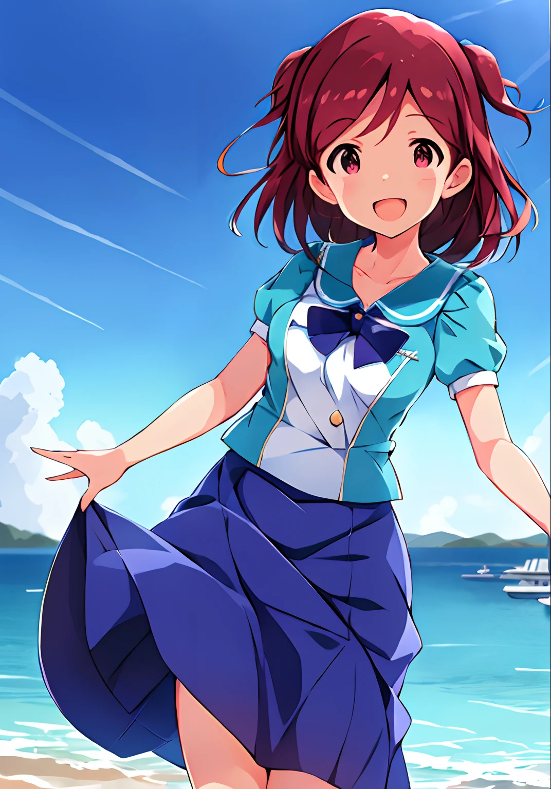 misaki aoba (million live), (best quality, 8K, masterpiece, ultra detailed:1.2), sea, day, dappled sunlight, blue sky, beautiful clouds, gradient sky, boat, skyline, cityscape, light particles, backlighting, sparkle,
1girl, solo, skirt, smile, open mouth, v, looking at viewer, white sailor collar, blue shirt, sailor collar, blue skirt, pleated skirt, short sleeves, :d, shirt, school uniform, blush, serafuku, collarbone, bow, ribbon, blue bow, (star hairclip)