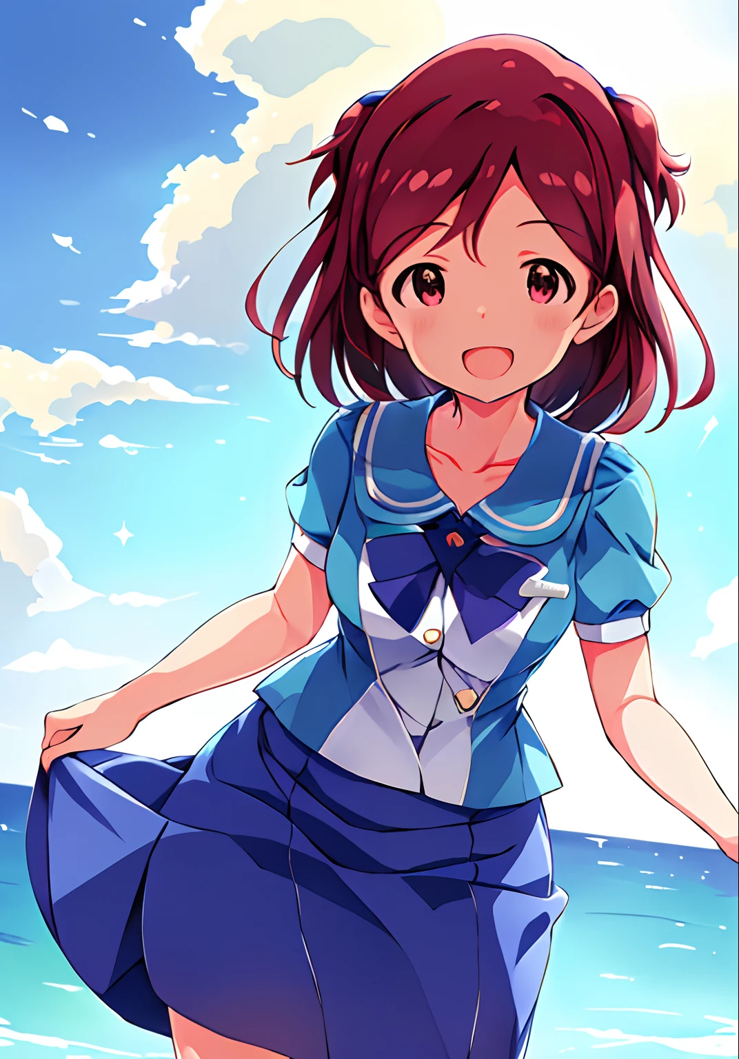 misaki aoba (million live), (best quality, 8K, masterpiece, ultra detailed:1.2), sea, day, dappled sunlight, blue sky, beautiful clouds, gradient sky, boat, skyline, cityscape, light particles, backlighting, sparkle,
1girl, solo, skirt, smile, open mouth, v, looking at viewer, white sailor collar, blue shirt, sailor collar, blue skirt, pleated skirt, short sleeves, :d, shirt, school uniform, blush, serafuku, collarbone, bow, ribbon, blue bow, (star hairclip)