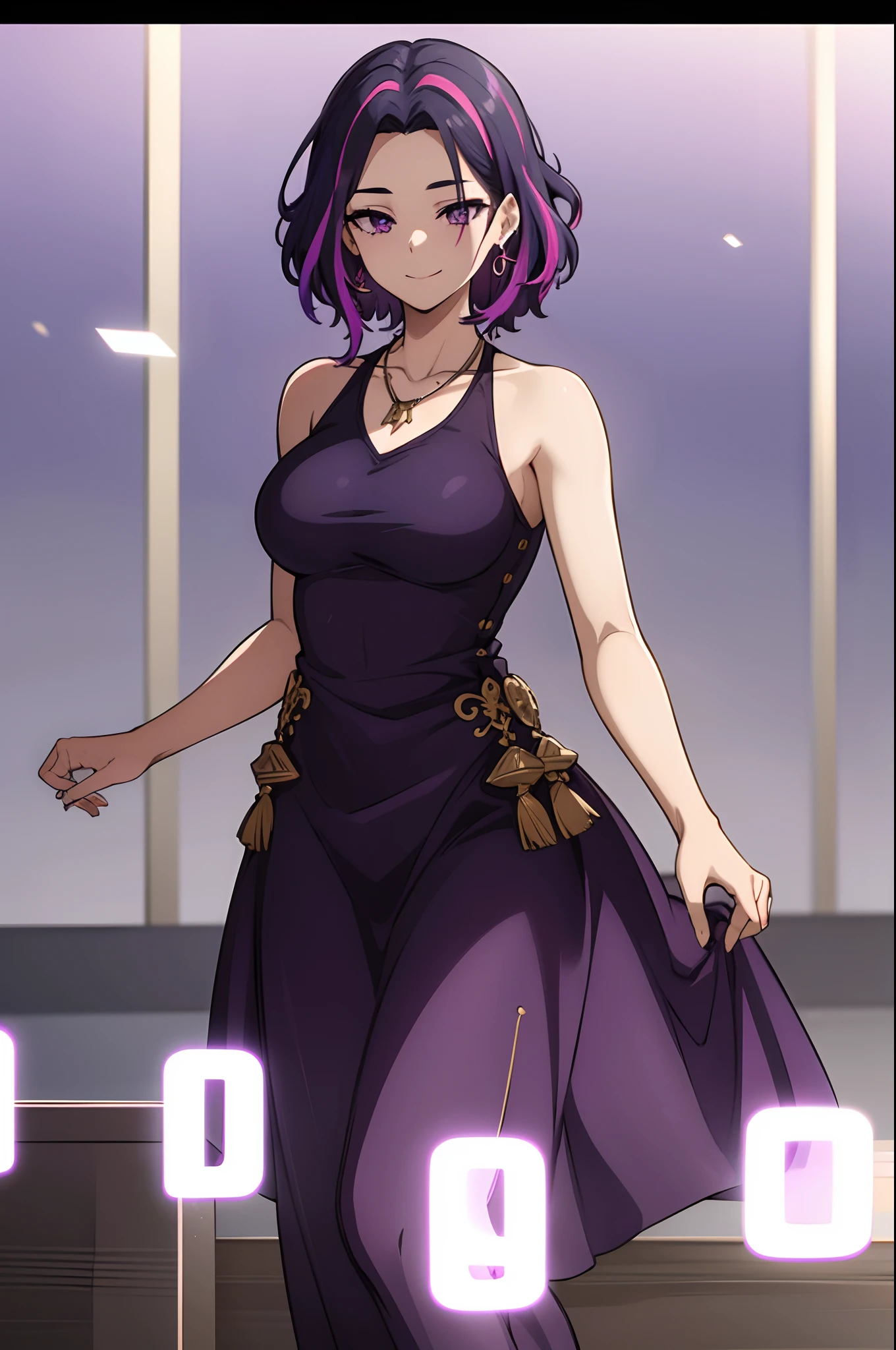 1girl, short hair, purple hair, multicolored hair, purple eyes,best quality, masterpiece, highres, 1girl, transparent silk china dress, beautiful face, hair ornament, looking at viewer, smile, closed mouth,lips, dress,hair ornament, necklace, jewelry, long hair, earrings, Beautiful face,upon_body,photorealistic, dark studio, rim lighting, two tone lighting,(high detailed skin:1.2), 8k uhd, dslr, soft lighting, high quality, volumetric lighting, candid, Photograph, high resolution, 4k, 8k, Bokeh