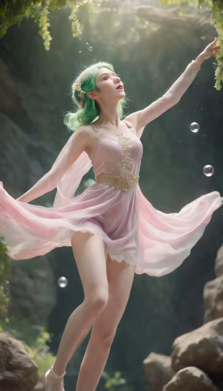 (((Anatomically correct))), (masterpiece), (Best Quality), (Ultra-detailed), ((Moe)), ((kawaii)),
(young elf),
underwater, (in a cave filled with water), (Ceiling made of a single rock),
(green hair), ((thin light pink cape with silver embroidery)), (Thin fabric knee socks with garter belt), (Purple underwear with lace fabric), Silver hair ornaments, Brooch made of gemstones, floral decoration, twin tails,
(She opens her mouth a little with a powerless, blank expression),
(((high jump))), (((dance in the air))),
A lot of small bubbles, depth of fields, Dutch Angle, god rays, (((Full body))), (((From below))), ((low angle shot))