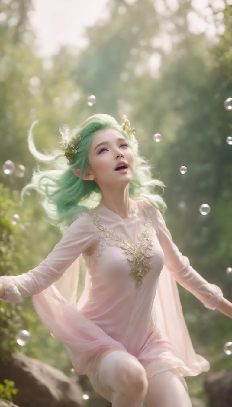 (((Anatomically correct))), (masterpiece), (Best Quality), (Ultra-detailed), ((Moe)), ((kawaii)),
(young elf),
underwater, (in a cave filled with water), (Ceiling made of a single rock),
(green hair), ((thin light pink cape with silver embroidery)), (Thin fabric knee socks with garter belt), (Purple underwear with lace fabric), Silver hair ornaments, Brooch made of gemstones, floral decoration, twin tails,
(She opens her mouth a little with a powerless, blank expression),
(((high jump))), (((dance in the air))),
A lot of small bubbles, depth of fields, Dutch Angle, god rays, (((Full body))), (((From below))), ((low angle shot))