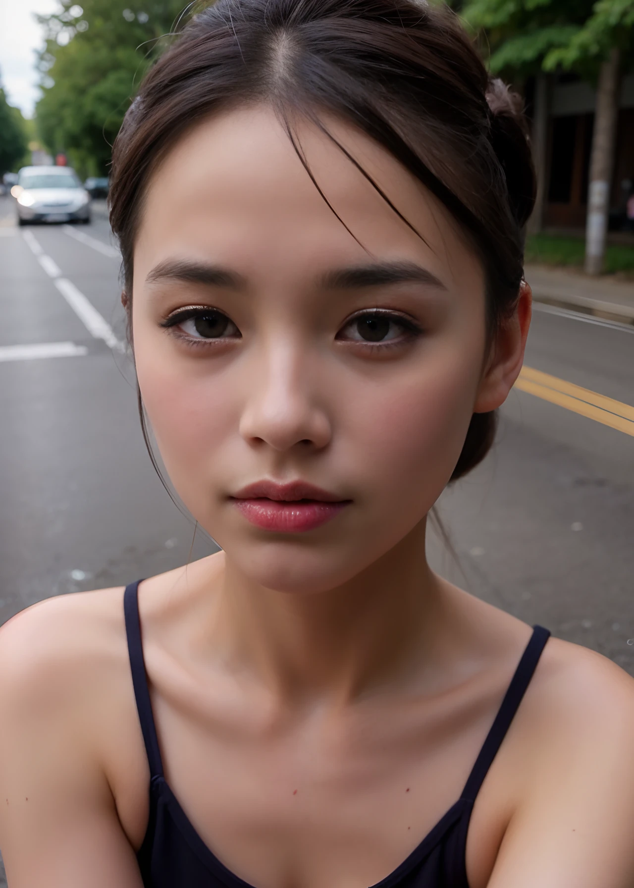Ultra-high-quality photos、Raw photography、beautiful detailed face and eyes、(Photorealsitic:1.4)、top-quality、hight resolution、realisitic、16 K、Caustics、Core Shadow、Dinamic Light、Beautiful and delicate lips、delicate finger、Detailed pupils、Real Human Skin、(ighly detailed)、Raw photography、Sitting Woman、21years old、Faint lips、cowboy  shot、frombelow、(updo hair:1.36)、Let your bangs hang down just a little、water eye、
(main street:1.3)The calm expression and calm breathing create a calm atmosphere。。