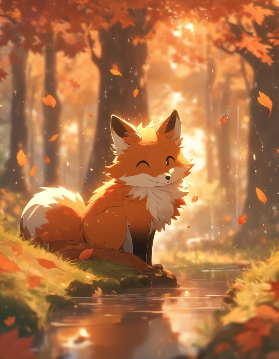 (Best quality,4K,8K,A high resolution,Masterpiece:1.2),Ultra-detailed,(Realistic,Photorealistic,photo-realistic:1.37),Colorful autumn scenery,Lonely fox,Cute fox,autumn forest,Fox in a maple leaf cloak,Hidden fox,Tree roots,rainy days,tranquil ambiance,maple trees,fall foliage,Color fox,Dark green and orange leaves,Peaceful environment,Natural lighting,Soft raindrops,Leaves on the ground,Gentle mist,The shimmering sun shines through the woods,Majestic tree trunk,Quiet solitude,Magical atmosphere