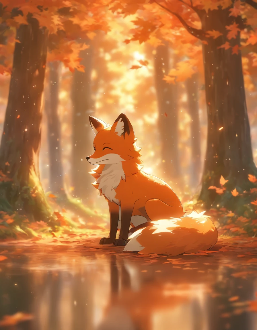(Best quality,4K,8K,A high resolution,Masterpiece:1.2),Ultra-detailed,(Realistic,Photorealistic,photo-realistic:1.37),Colorful autumn scenery,Lonely fox,Cute fox,autumn forest,Fox in a maple leaf cloak,Hidden fox,Tree roots,rainy days,tranquil ambiance,maple trees,fall foliage,Color fox,Dark green and orange leaves,Peaceful environment,Natural lighting,Soft raindrops,Leaves on the ground,Gentle mist,The shimmering sun shines through the woods,Majestic tree trunk,Quiet solitude,Magical atmosphere