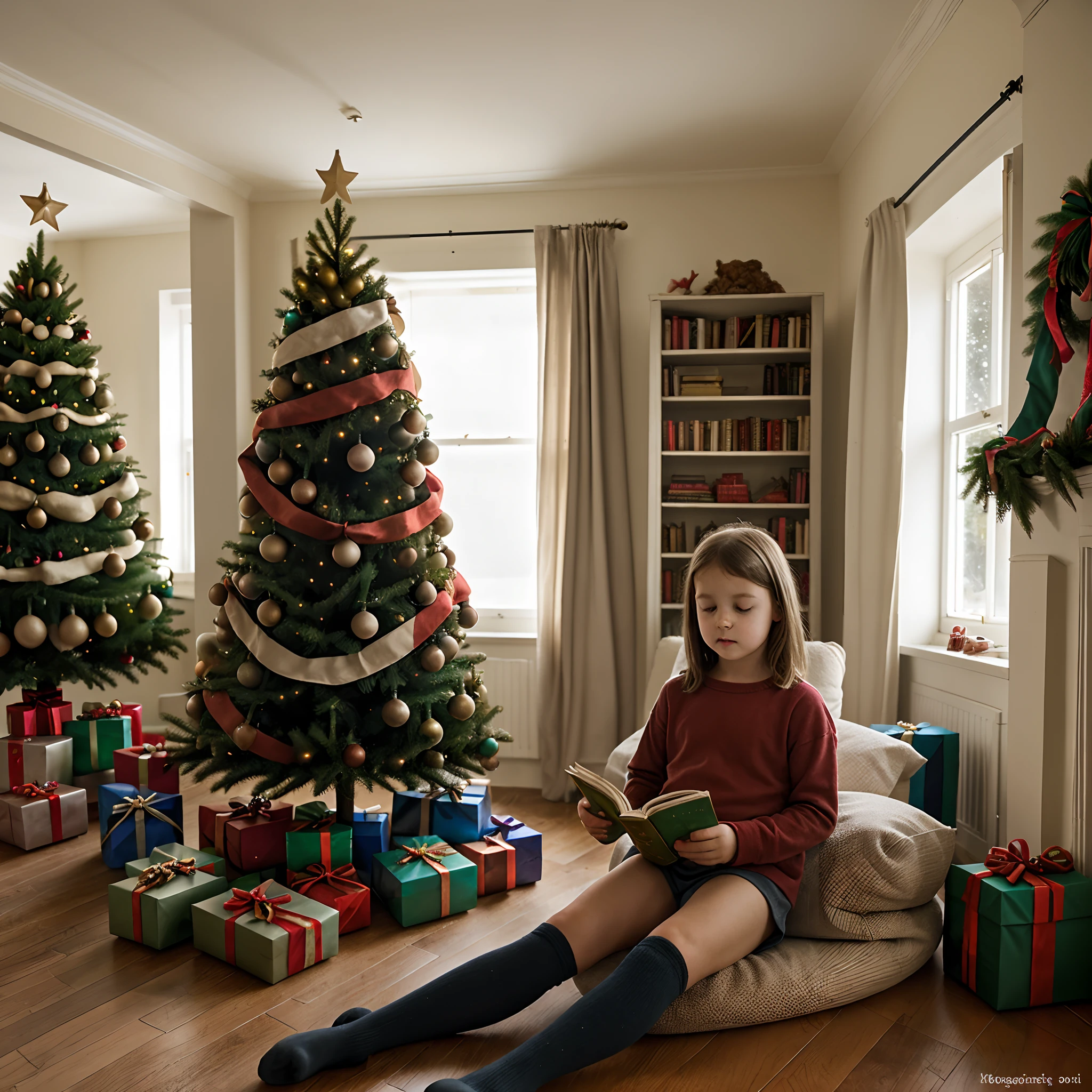 sitting reading, Room with lots of books, Christmas Setting, antiguo, luz tenue