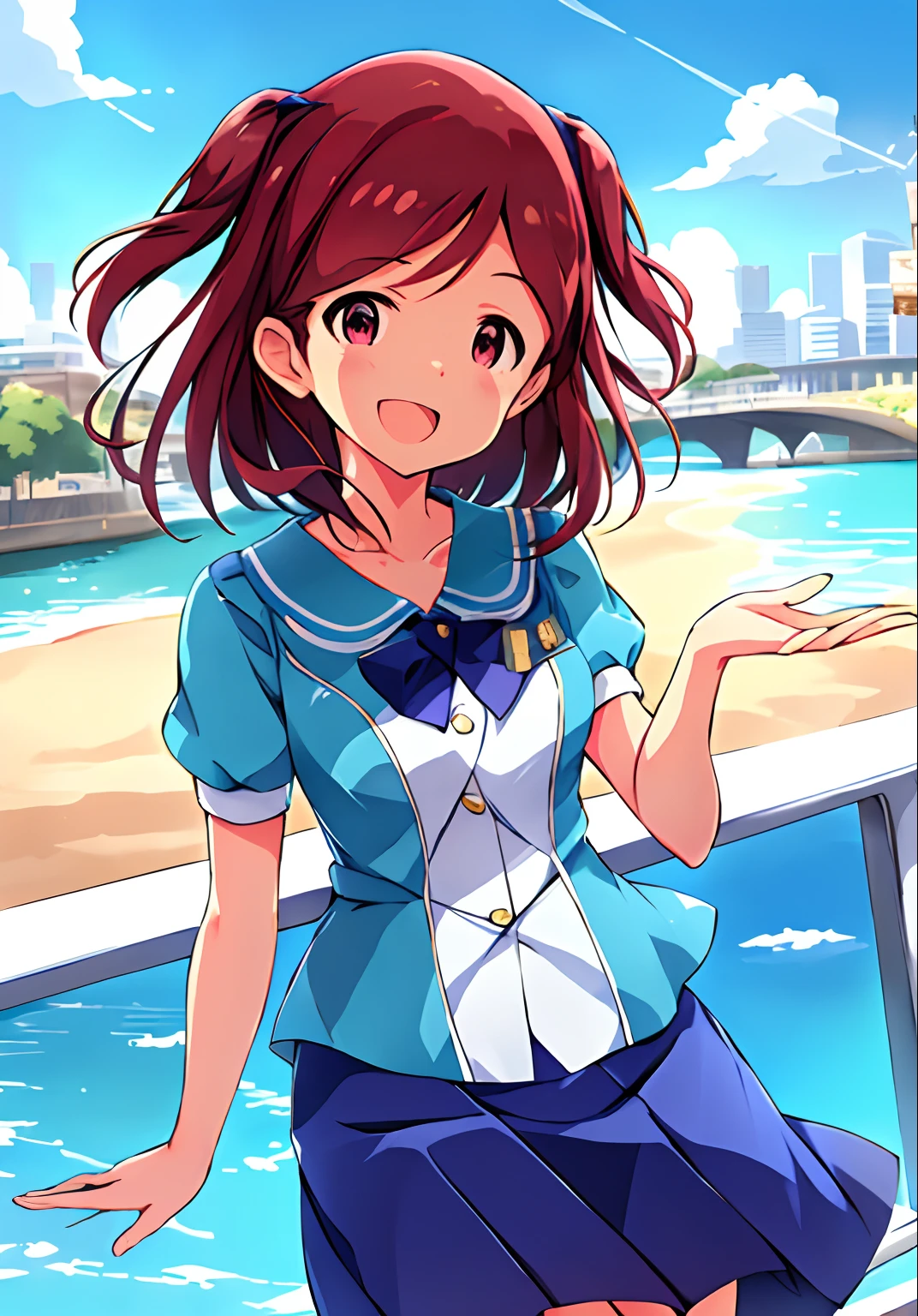 misaki aoba (million live), (best quality, 8K, masterpiece, ultra detailed:1.2), sea, day, dappled sunlight, blue sky, beautiful clouds, gradient sky, boat, skyline, cityscape, light particles, backlighting, sparkle,
1girl, solo, skirt, smile, open mouth, v, looking at viewer, white sailor collar, blue shirt, sailor collar, blue skirt, pleated skirt, short sleeves, :d, shirt, school uniform, blush, serafuku, collarbone, bow, ribbon, blue bow, (star hairclip)