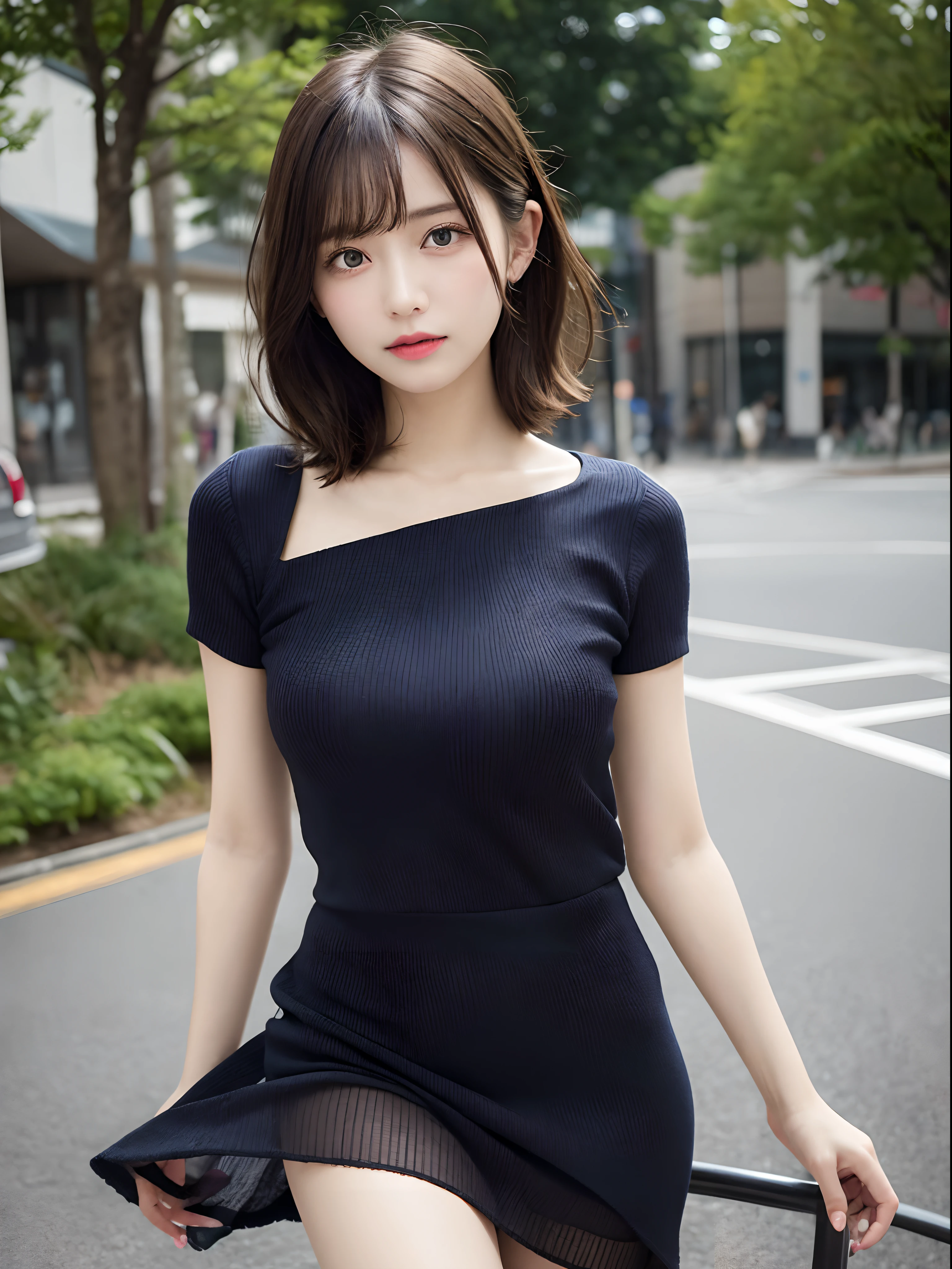 Detailed details,、hight resolution、hightquality、Perfect dynamic composition、Beautiful detailed eyes、short-hair、Small breasts、Natural Color Lip、Kamimei、Shibuya、20 years girl、1 persons、Transparent skin、Glowing hair、masutepiece、Best Quality、finely detail、hight resolution、8K、The correct state of the human body、randome pose、Gravure Model Pose、Sheer tops、Jumper Dress、Hair soaring in the wind