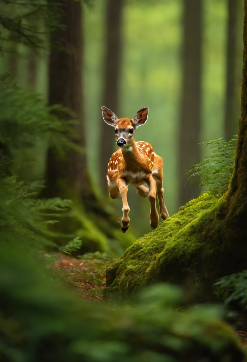 A fantastic forest，dense with greenery，The fawn is jumping