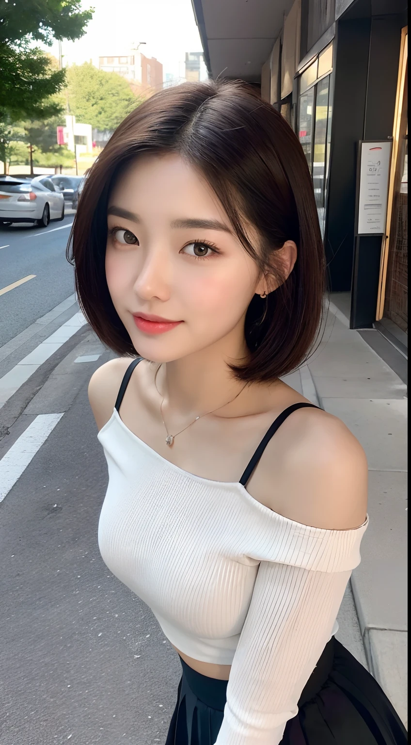 （（best qualtiy，8K，tmasterpiece：1.3）），Perfect beauty：1.4，glute：1.2，（Layered Hair Style：1.2）），（the street：1.3），Highly Detailed Face and Skin Textur，full bodyesbian，Elaborate Eyes，二重まぶた，Whitens the skin，Short wave hair，Cute Korean beauty（with a round face：1.5），（Black top，short  skirt：1.6）ssmile