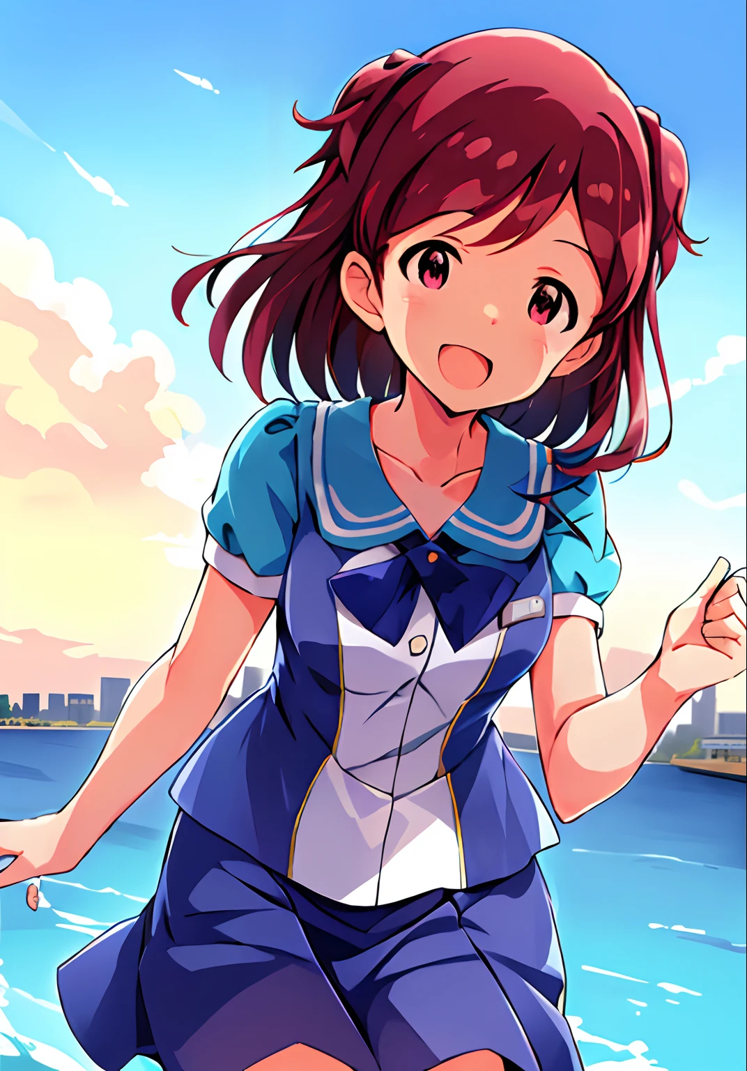 misaki aoba (million live), (best quality, 8K, masterpiece, ultra detailed:1.2), sea, day, dappled sunlight, blue sky, beautiful clouds, gradient sky, boat, skyline, cityscape, light particles, backlighting, sparkle,
1girl, solo, skirt, smile, open mouth, v, looking at viewer, white sailor collar, blue shirt, sailor collar, blue skirt, pleated skirt, short sleeves, :d, shirt, school uniform, blush, serafuku, collarbone, bow, ribbon, blue bow, (star hairclip)