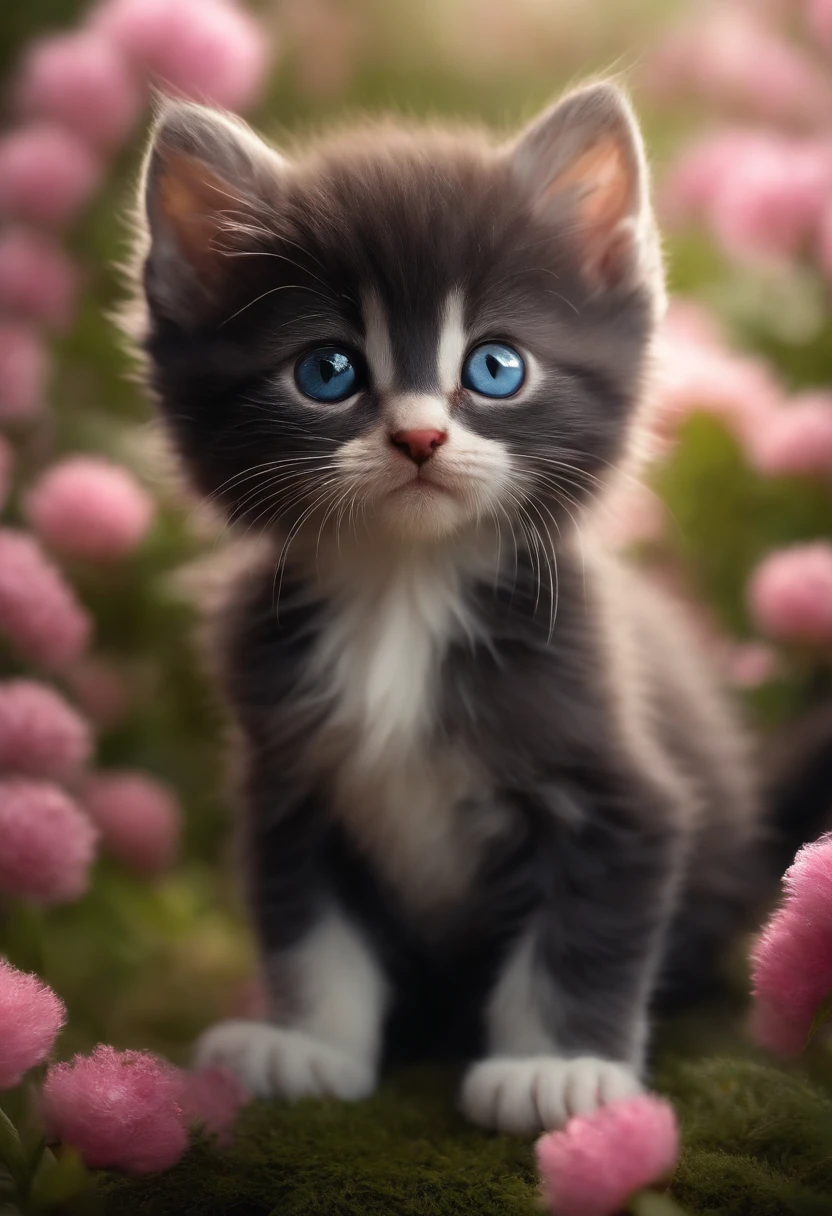 A cute little kitten,Big round eyes,A small pink nose,Fluffy tail