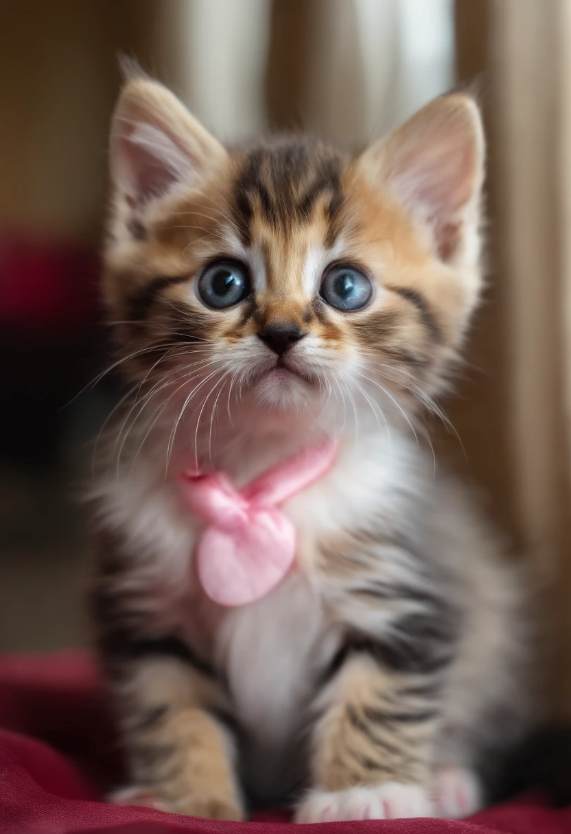A cute little kitten,Big round eyes,A small pink nose,Fluffy tail
