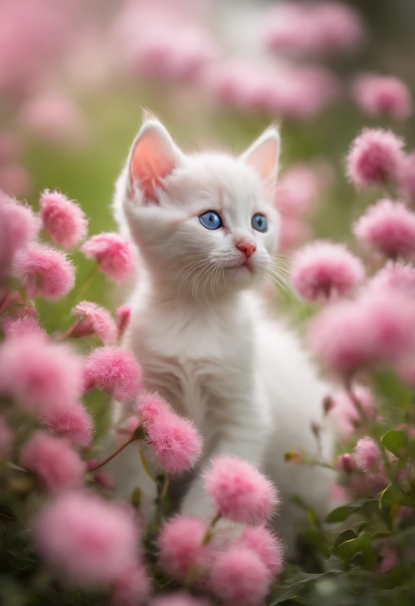 A cute little kitten,Big round eyes,A small pink nose,Fluffy tail