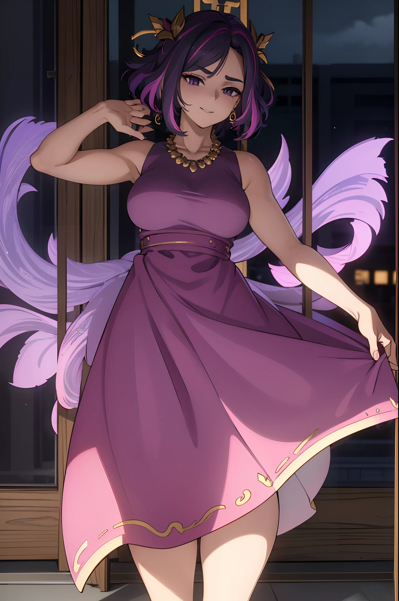 1girl, short hair, purple hair, multicolored hair, purple eyes,best quality, masterpiece, highres, 1girl, transparent silk china dress, beautiful face, hair ornament, looking at viewer, smile, closed mouth,lips, dress,hair ornament, necklace, jewelry, long hair, earrings, Beautiful face,upon_body,photorealistic, dark studio, rim lighting, two tone lighting,(high detailed skin:1.2), 8k uhd, dslr, soft lighting, high quality, volumetric lighting, candid, Photograph, high resolution, 4k, 8k, Bokeh
