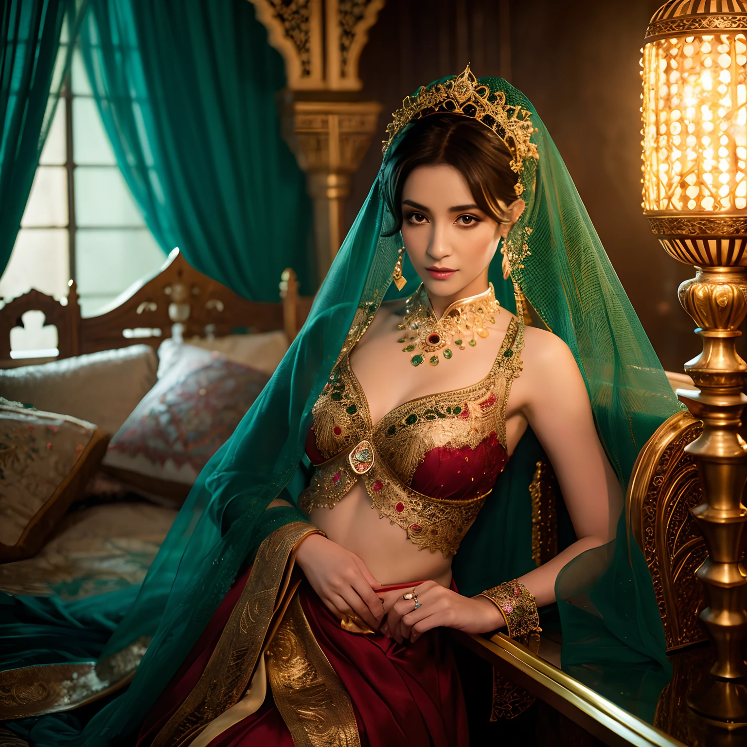 Scheherazade is a legendary character "One Thousand and One Nights", Girl of amazing beauty. She is a symbol of feminine cunning, Cunning seductress. Beautiful almond-shaped eyes, chiffon, tulle, veil, richly decorated with precious embroidery, Haute Couture bedroom, Anime-style concept art, hair ornaments, necklace, bellybutton, Dress of the Sultan's Concubine, aerial, delicate detail, Foam constructions made of chiffon and lace, Red, black, a gold, Mature woman looking at viewer, Seductive coquette, Late Evening Colors, Solar Sparks, Details in fairytale Arabian style, Aesthetically pleasing, Beautiful, Realistic, Professional photo, High Resolution, high detail, Hyper-realistic portraits, 32K UHD, Majestic figures, medieval style