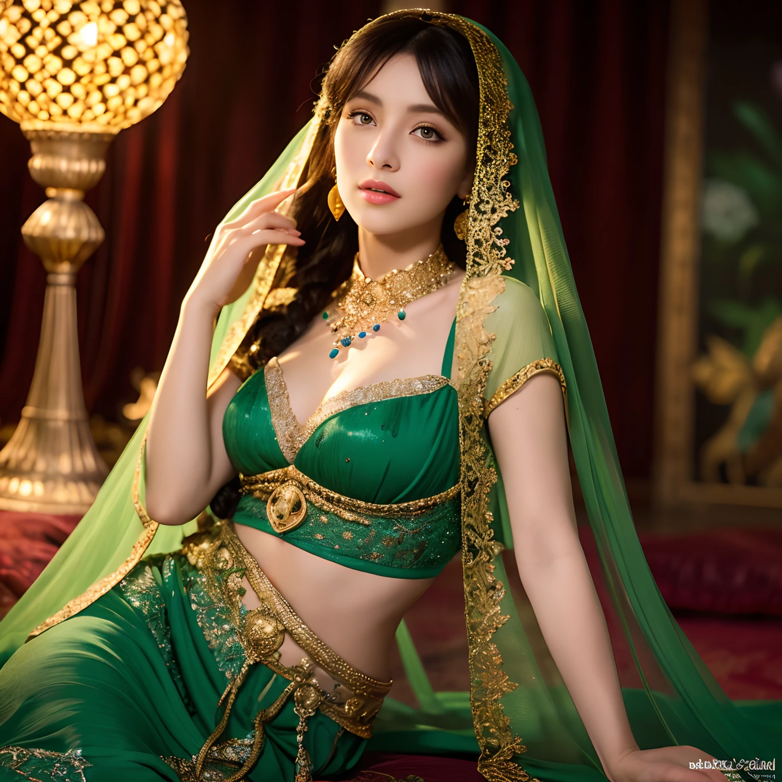 Scheherazade is a legendary character "One Thousand and One Nights", Girl of amazing beauty. She is a symbol of feminine cunning, Cunning seductress. Beautiful almond-shaped eyes, chiffon, tulle, veil, richly decorated with precious embroidery, Haute Couture bedroom, Anime-style concept art, hair ornaments, necklace, bellybutton, Dress of the Sultan's Concubine, aerial, delicate detail, Foam constructions made of chiffon and lace, Red, black, a gold, Mature woman looking at viewer, Seductive coquette, Late Evening Colors, Solar Sparks, Details in fairytale Arabian style, Aesthetically pleasing, Beautiful, Realistic, Professional photo, High Resolution, high detail, Hyper-realistic portraits, 32K UHD, Majestic figures, medieval style