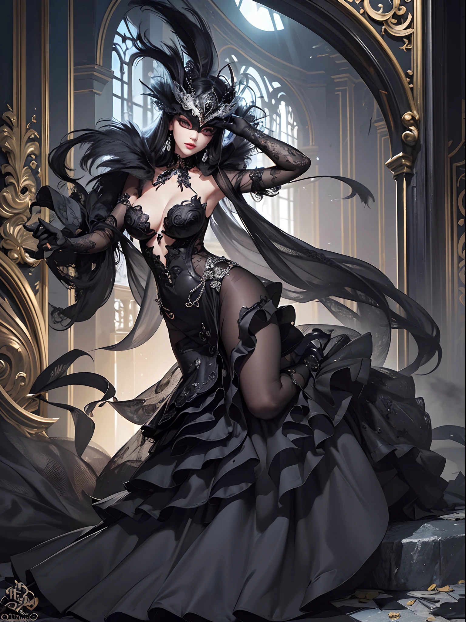 Black cat motif、Black and silver tones、Vibrant colors、((masterpiece)))、(((top-quality)))、((ultra-detailliert))、(A hyper-realistic)、(highly detailed CGillustration)、Official art、Paris at the beginning of the 20th century、Decadent、Madame Cha Noir、Masquerade、Elegance、Masks that cover most of the face、Colorful and detailed mask design、matchless beauty、Fans、gorgeous dress、jewely、Perfect Angle、rightward、perfect-composition、full body Esbian
