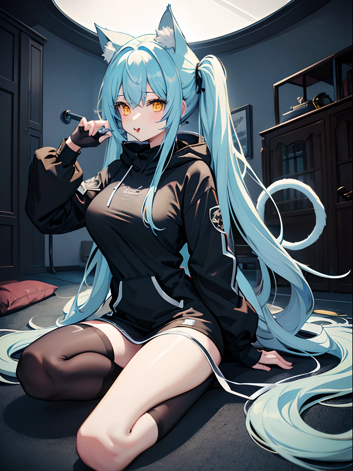 Long Hair, Twintail, Light Blue Hair, Yellow Eyes, Cat Ears, Cat Tail, Big Boobs, Wearing Hoodie, Long Stocking, Nighttime, Wearing Black Gloves, Inside a house, Stick out the tongue