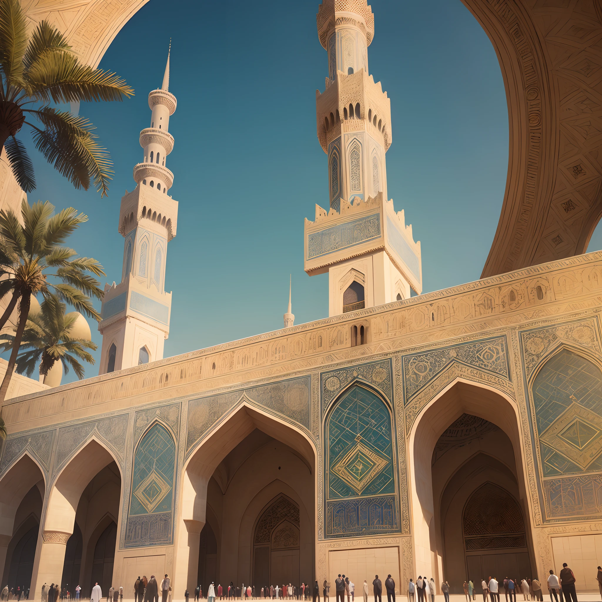 Islamic architecture in Cairo: stained glass, mosques, minarets, domes, trees, palm trees and plants. --auto --s2