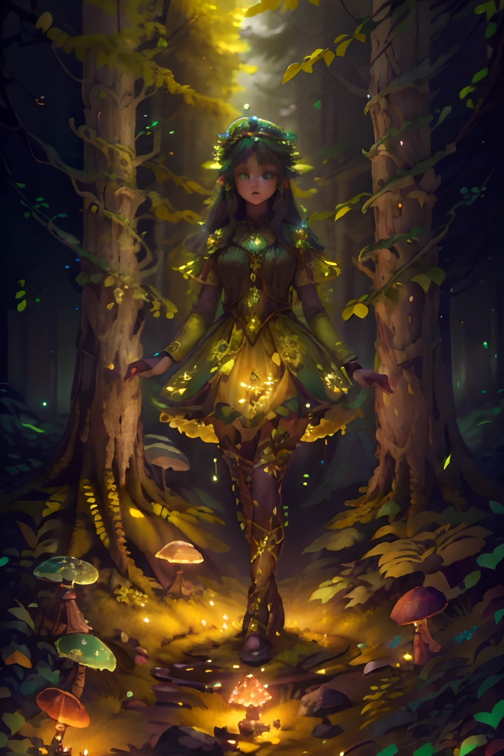 An full body shot of an Elfgirl wearing a subtle autumn multi-color skirt shaped like a mushroom, on her head she wears a crown of autumn leaves twigs and flowers, in a plush autumn forest clearing which is the forest shimmers with an almost faint bioluminescents, dark as night, a lighted forest clearing at evening 8k