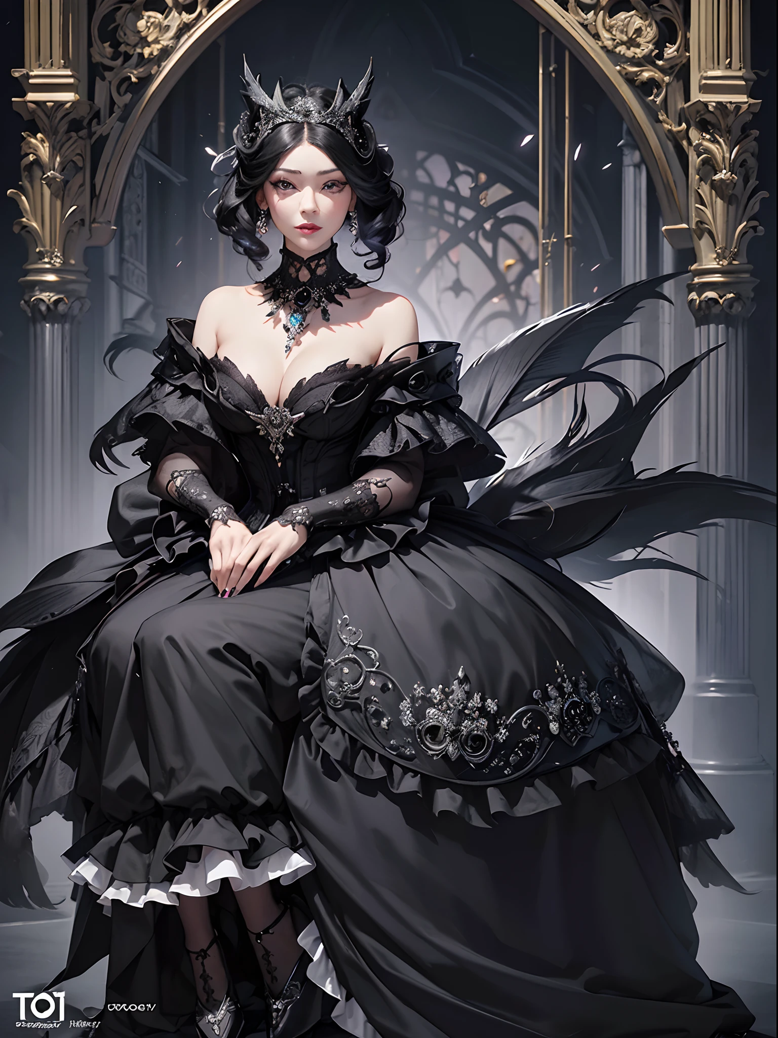 Black cat motif、Black and silver tones、Vibrant colors、((masterpiece)))、(((top-quality)))、((ultra-detailliert))、(A hyper-realistic)、(highly detailed CGillustration)、Official art、Paris at the beginning of the 20th century、Decadent、Madame Cha Noir、Masquerade、Elegance、Masks that cover most of the face、Colorful and detailed mask design、matchless beauty、Fans、gorgeous dress、jewely、Perfect Angle、rightward、perfect-composition、full body Esbian