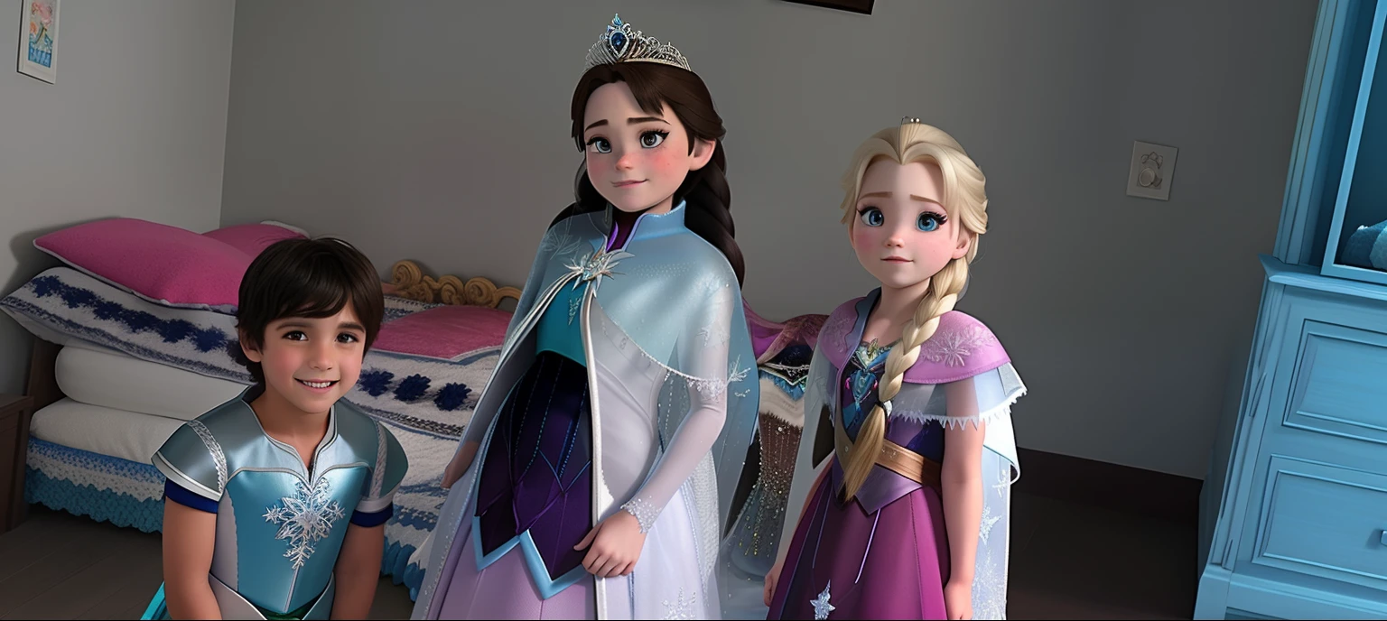 Dois s vestidos de principes e uma meninada de frozen, no modo pixar. Em um quarto.