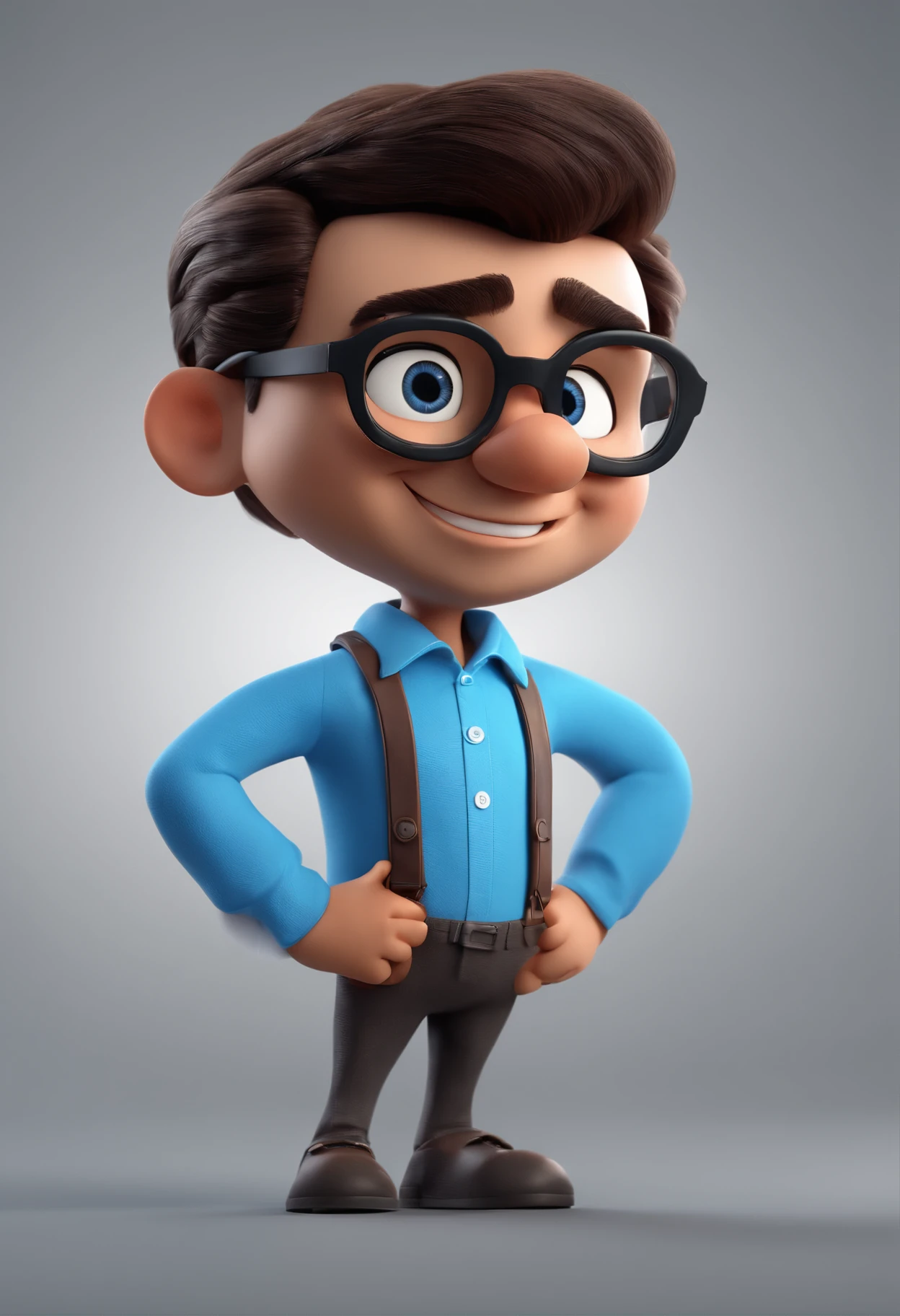 Cartoon character of a man with black glasses and a blue shirt, animation character, Caractere estilizado, animation style rendering, 3D estilizado, Arnold Maya render, 3 d render stylized, toon render keyshot, Personagem 3D, Personagem 3D, 3d rendering stylized, 3 d character render, personagem de desenho animado, Personagem de close up, Pose de personagem,  (Estilo Pixar) (master part:1.2) (Bokeh) (best quality) (pele detalhada) (textura detalhada) (8k) (argila) (Cinematic lighting) (foco nítido