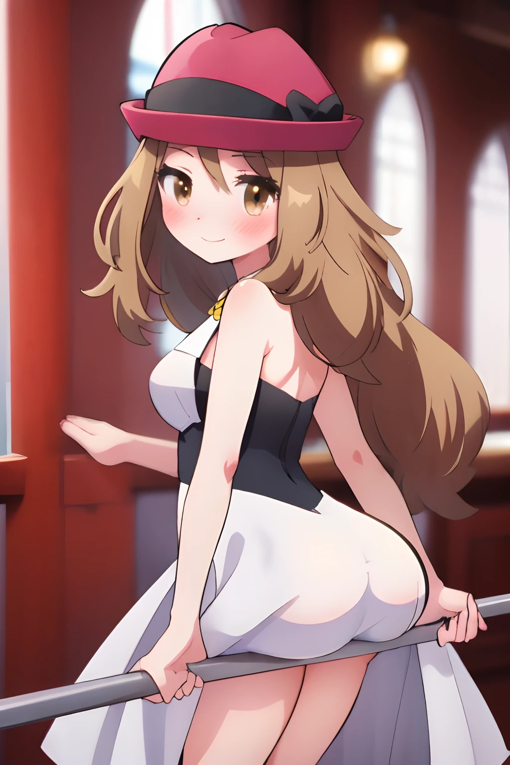 1girl, ass support, wedding dress, smile, blush, masterpiece, best quality, highly detailed, Serena \(pokemon\), red hat, brown hair