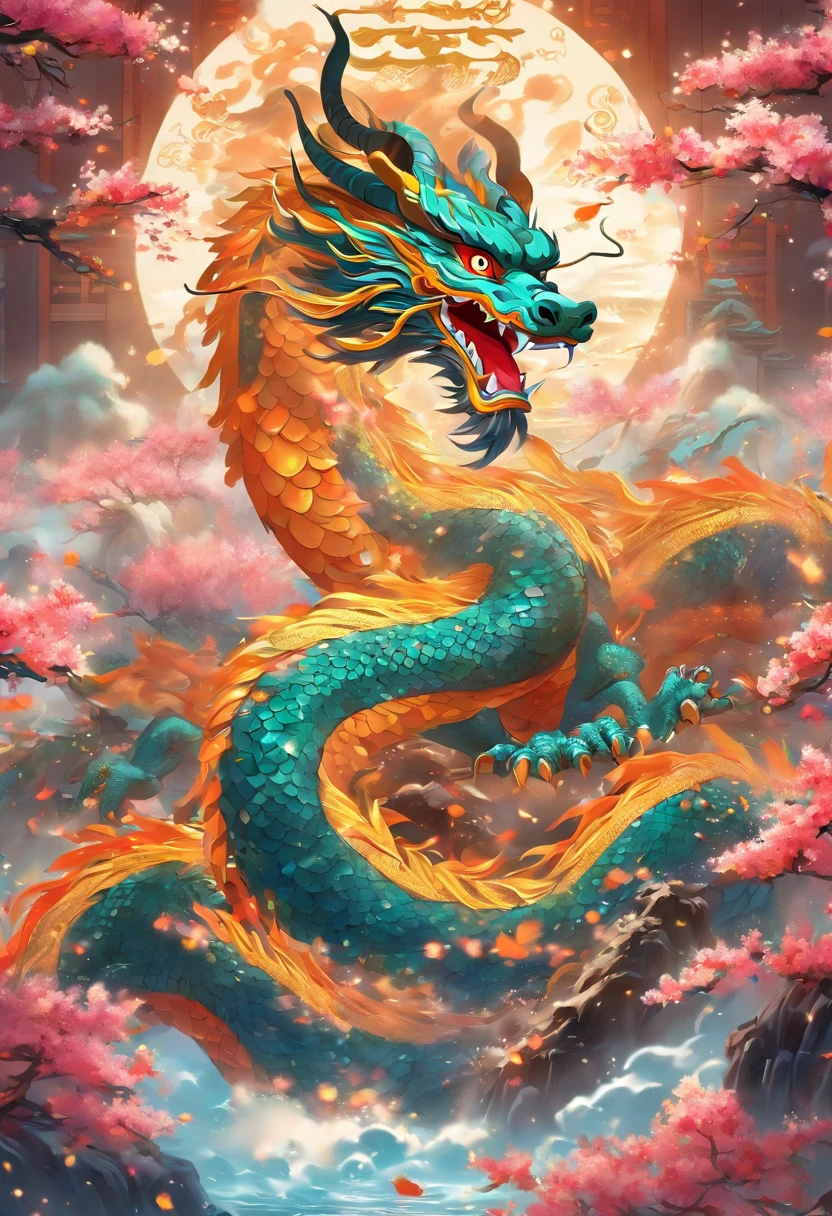 Chinese style elements,Oriental dragon image, Dragons give blessings,The dragon is praying,Soaring skies, There are colorful lights everywhere, They were delighted, (High contrast), (The era of fantasy worlds), People are happily shopping, The atmosphere of the Spring Festival, (Ray tracing, Global illumination), (Masterpiece:1.4), (vibrant:1.2), Cinematic, iintricate,detail-rich, (Ultra-detailed CG unity 8k wallpaper)