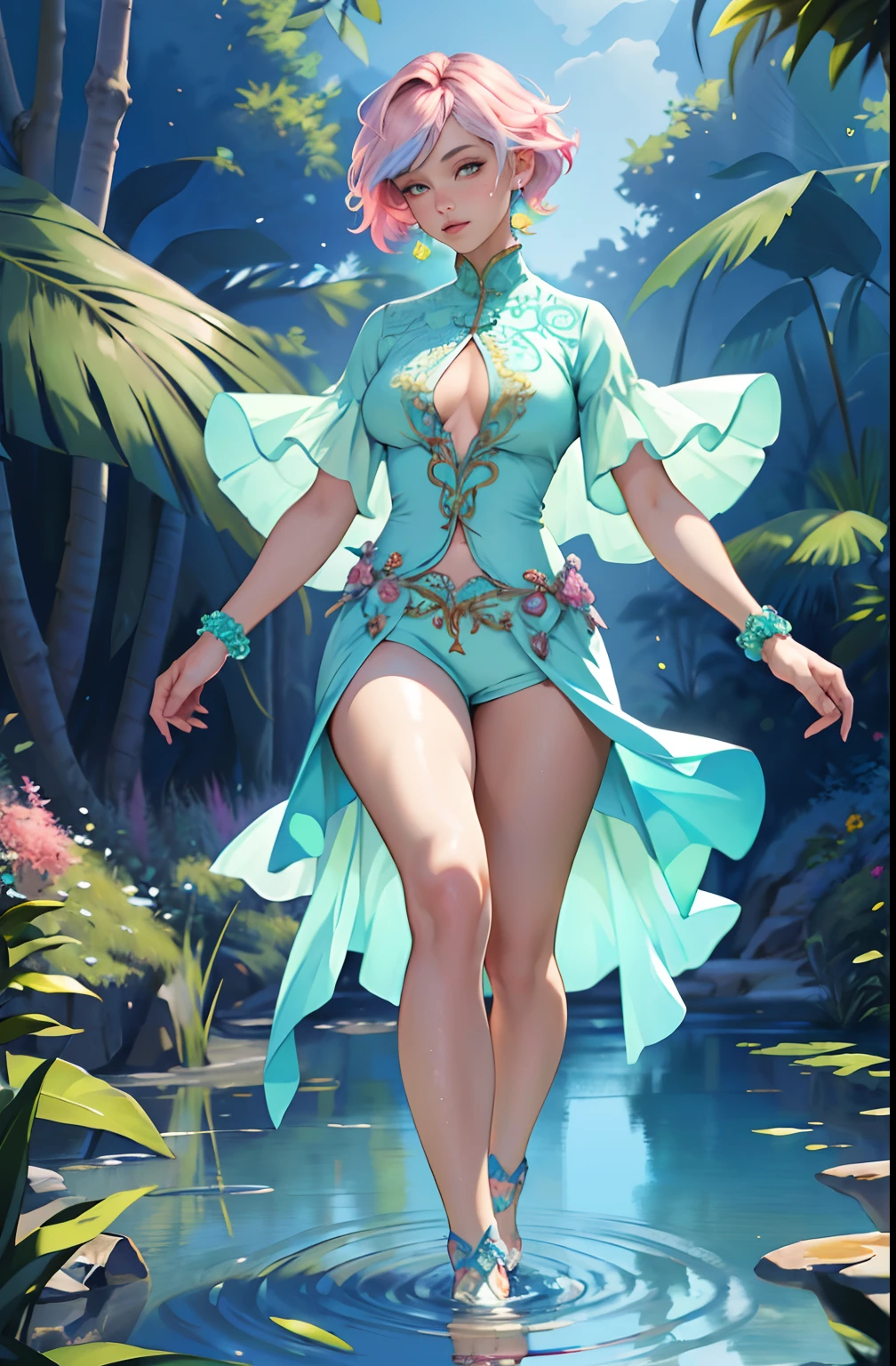 (full body:1.2), (1girl:1.2), (masterpiece:1.4, best quality), colorful short hair, huge breasts, slim waist, beautiful face, beautiful legs, glowing eyes, (intricate details),ultra detailed, (pastel colors:1.3), perfect face, beautiful and aesthetic, detailed, solo,((walking on water)), background is a fantasy world, naked